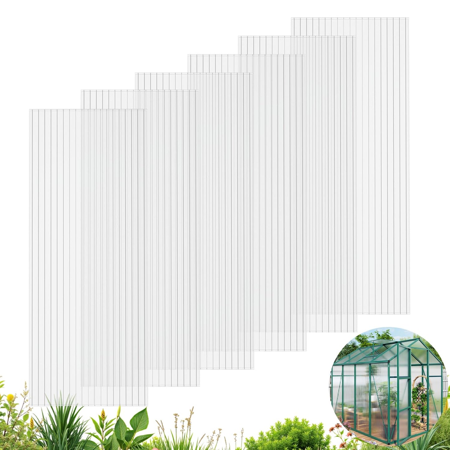 Vigo huseeo 6 PCS Polycarbonate Greenhouse Panels, 60''X 24''X 0.24'' Twin-Wall Roof Panels Sheets, Waterproof UV Protected Plastic Roof Sheeting for Greenhouse Covering