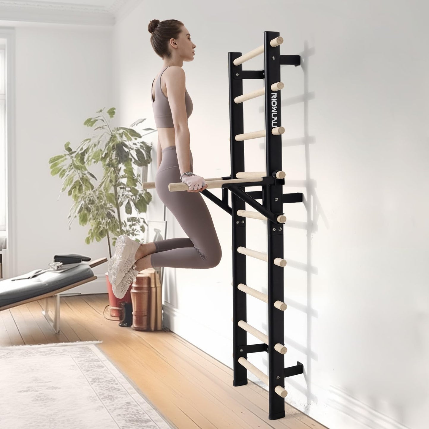 RIOWLAU Swedish Ladder Dip Bar Attachment, Fits TS003A Ladder, Wood Stall Bar for School, Physical Therapy and Gymnastics, Multi-grip (Black, 20"L x 2"W x 11"H)