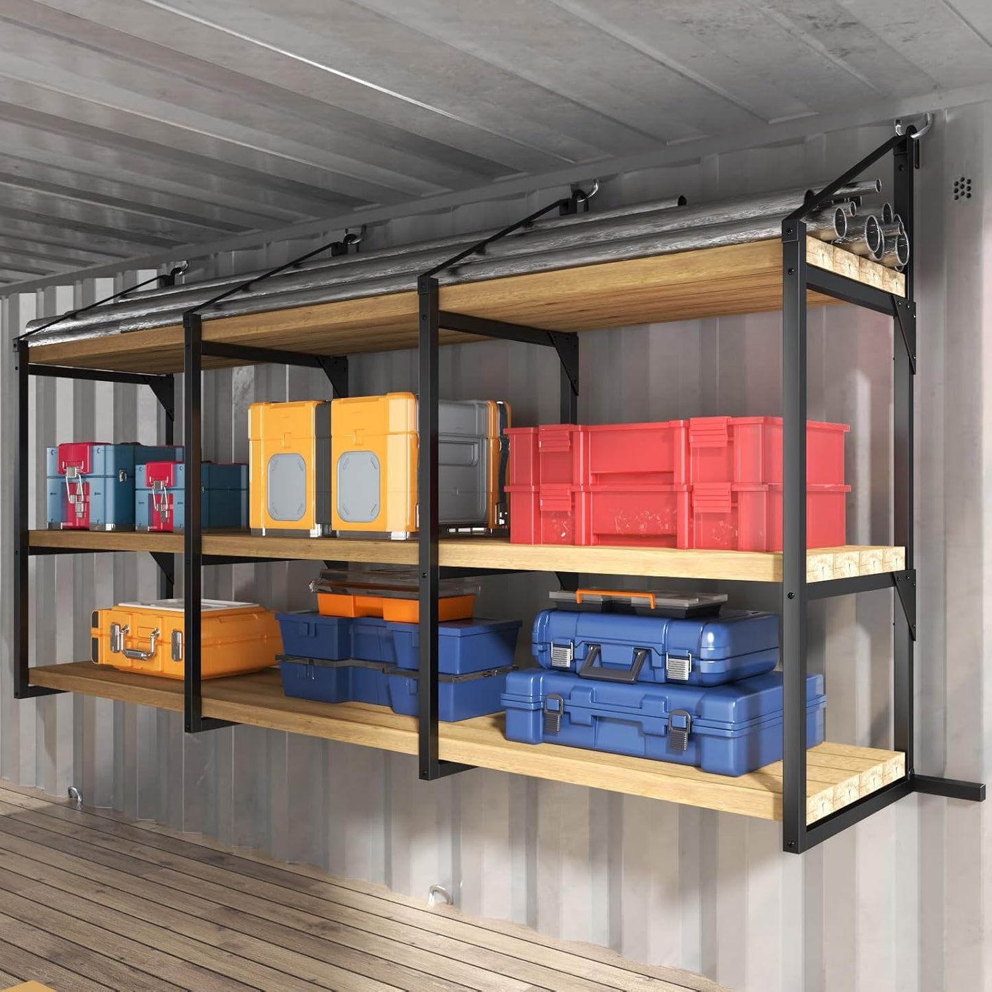 iyrany Universal Shipping Container Accessories 4 Pack – Heavy Duty Brackets. 3-Tier Steel Shelving & Shelves System. 52"x22" Storage Rack for Garage, Warehouse, Industrial Shipping Container