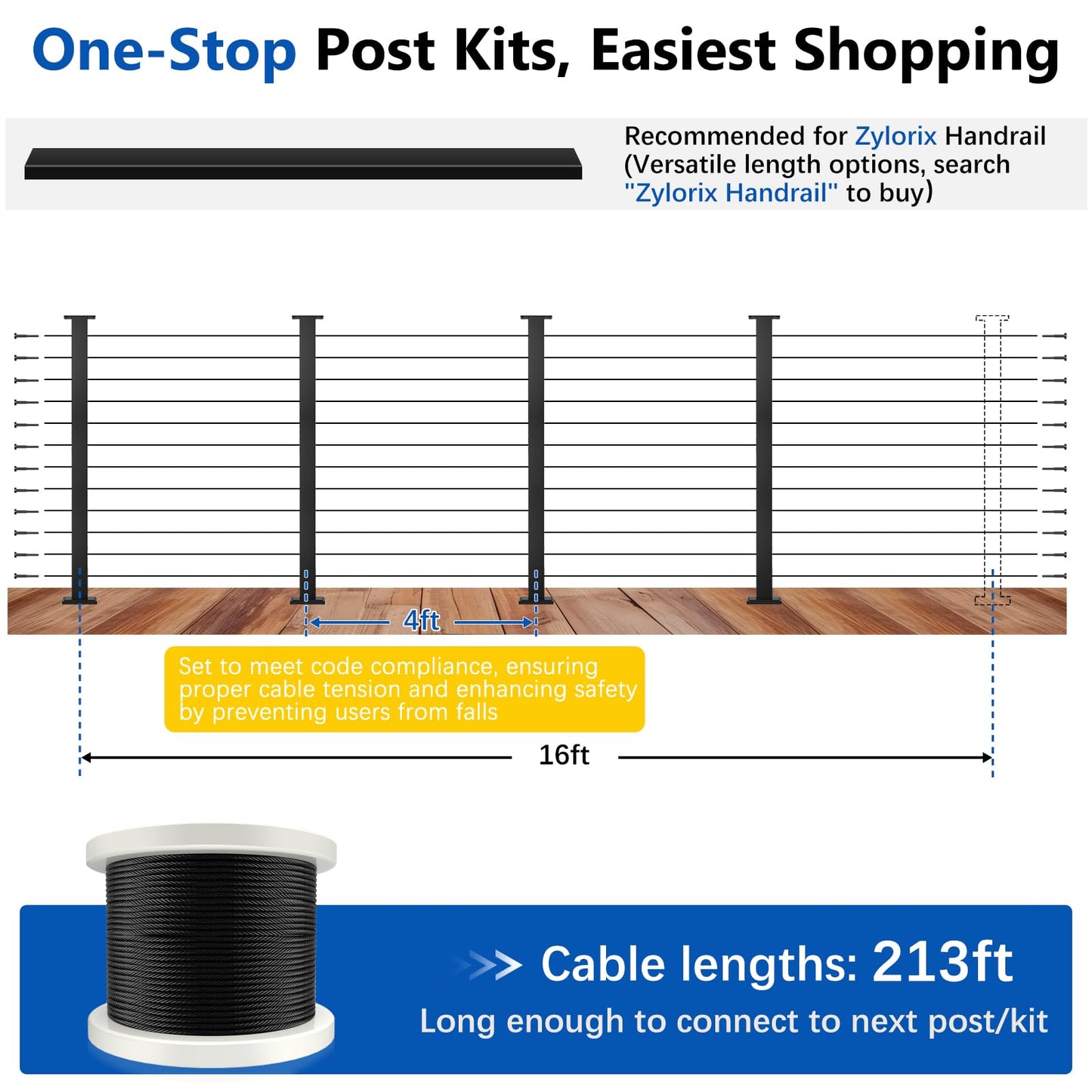 Zylorix 12ft-16ft Modular Cable Railing Post Kit 42" T304 Stainless Steel 4 Level Post Kit, Surface Mount Black Cable Railing System for Decks Length Adjustable Easy DIY, 213ft 1/8" Wire(No Handrail)