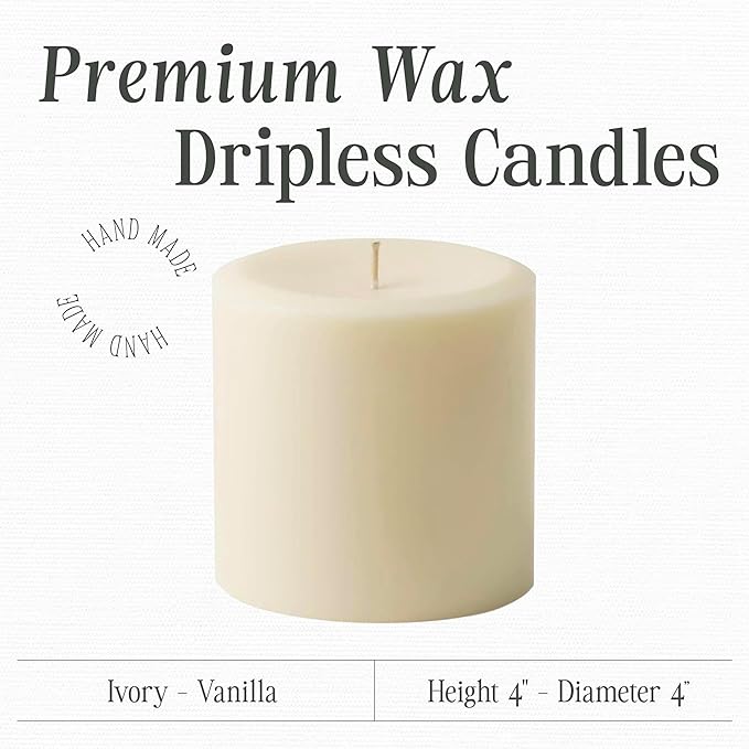 Mister Candle Dripless Vanilla Scented Ivory Pillar Candle Hand Made Vanilla Pillar Candles with Essential Oils for Home Decor, Premium Wax, 80 Hr Burn Time (4x4 inch)