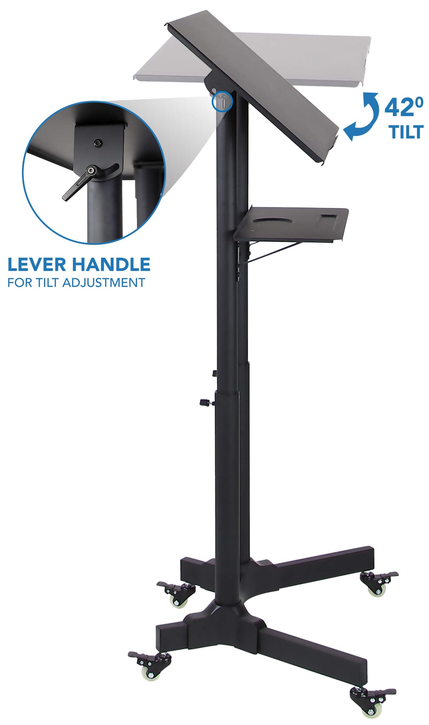 Mount-It! Mobile Podium Stand with Wheels, Adjustable Height Rolling Lectern, Portable Standing Desk with Tilted Shelf and Storage for Office, Classroom, and Presentations