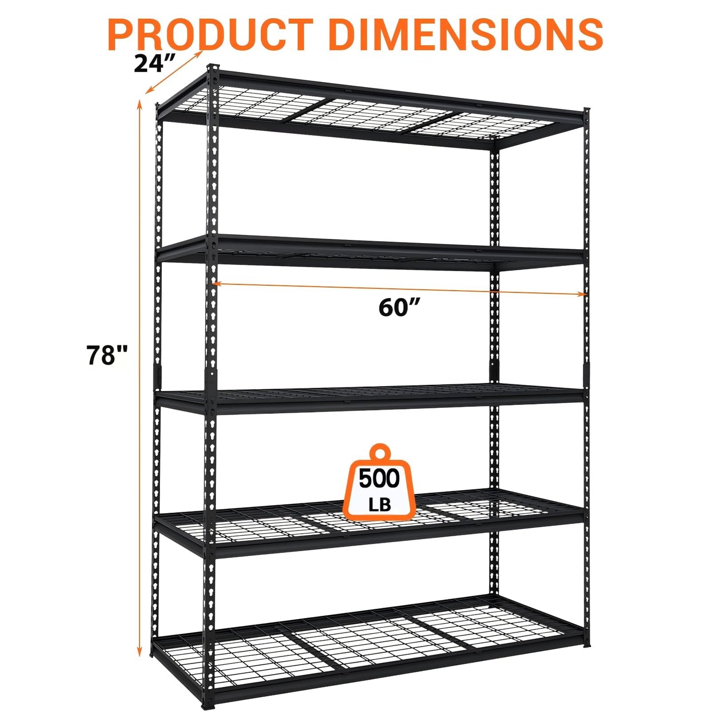 Garage Storage Shelves 5 Tiers, Heavy Duty Storage Shelving Racks with 2500 LBS Capacity, 60 in L x 24 in W x 78 in H Metal Adjustable Utility Shelving Unit for Garage Organization, Basement, Workshop
