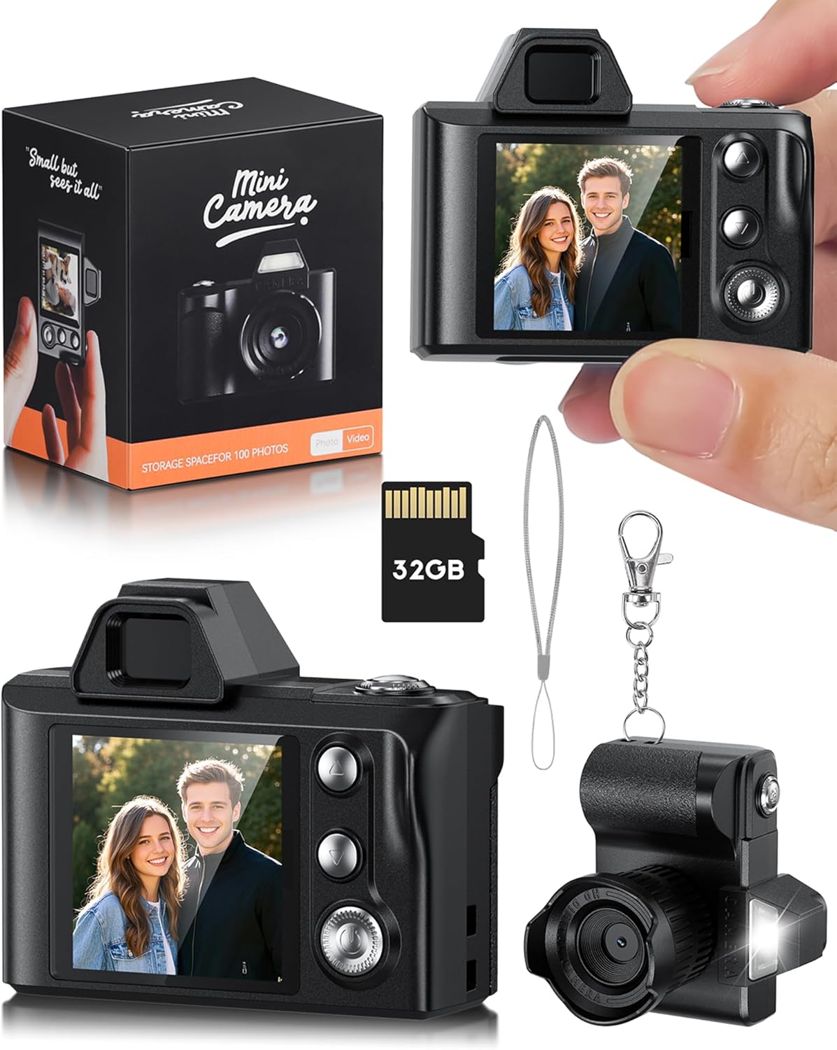 WZVZ 1080P 32GB Mini Digital Camera, Portable Camera for Photography with SD Card, Key Card Clip Chain for Teenagers