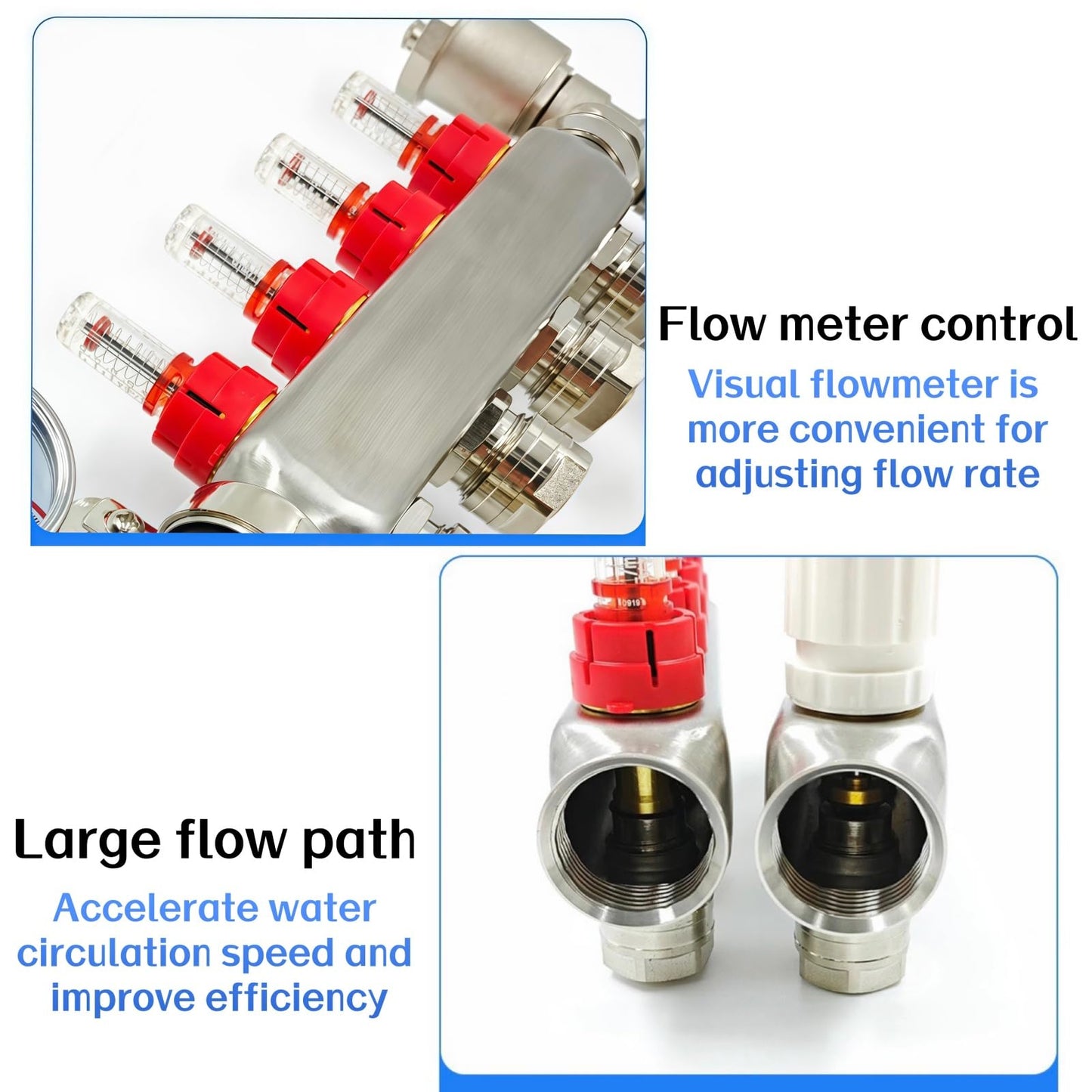 YUFUYEK 4-Branch PEX/Radiant Heat Manifold ，1/2" PEX Tubing Manifold,304 Stainless Steel Floor Heat Manifold Kit with 1/2" Adapters Included for Hydronic Radiant Floor Heating (4-LOOP)