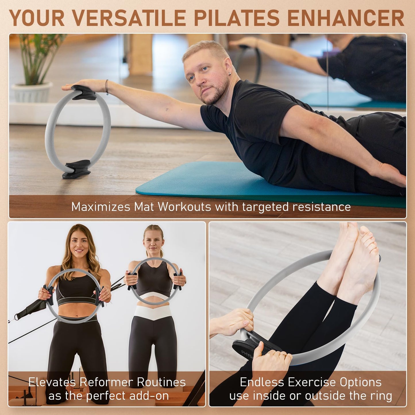 PhysKcal Pilates Ring, 15-Inch Magic Circle with Extra Thick Padded Handles, Pilates Equipment for Toning Inner Thighs, Arms and Strengthening Cores- Workout Guide Included (Mist)