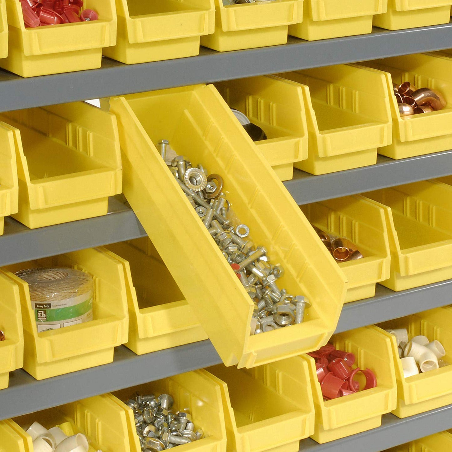 Global Industrial 7 Shelf Steel Shelving with (48) 4" H Plastic Shelf Bins, Yellow, 36" W x 12" D x 39" H, Single-Sided Open Shelving with 48 Plastic Shelf Bins