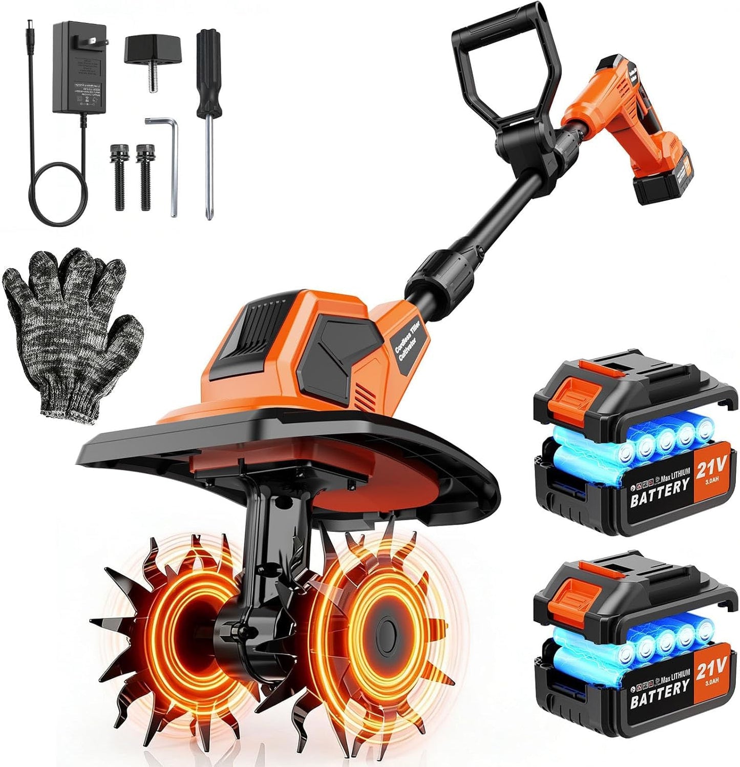 20V Cordlees Tiller Cultivator for Gardening, 400RPM Brushless Electric Garden Tiller Battery Powered((2*3.0Ah Battery&Charger), 9.5"Width 7"Depth, Garden Rototiller for Yard/Lawn/Soil Tiller (Orange)