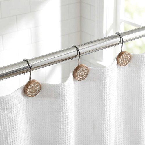 BreezeHug 12pcs Boho Shower Curtain Hooks Decorative Shower Curtain Hangers for Bathroom Rod Resin Round Rings with Brown Floral Pattern, Waterproof