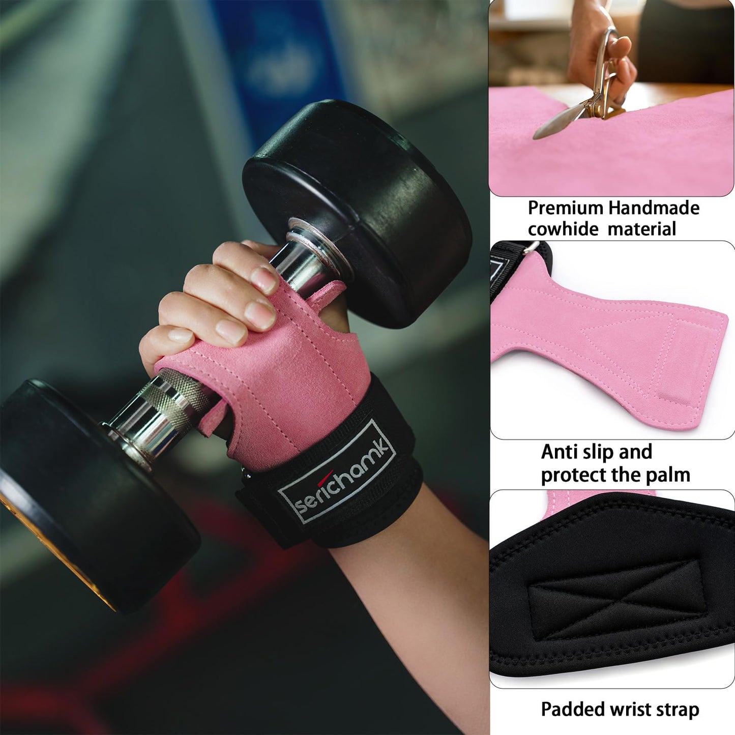 Serichamk Wrist Straps for Weightlifting with Wrist Wraps,Leather Weight Lifting Wrist Wraps Grip Assistance Deadlift Straps Workout Gym Straps for Men and Women Pink
