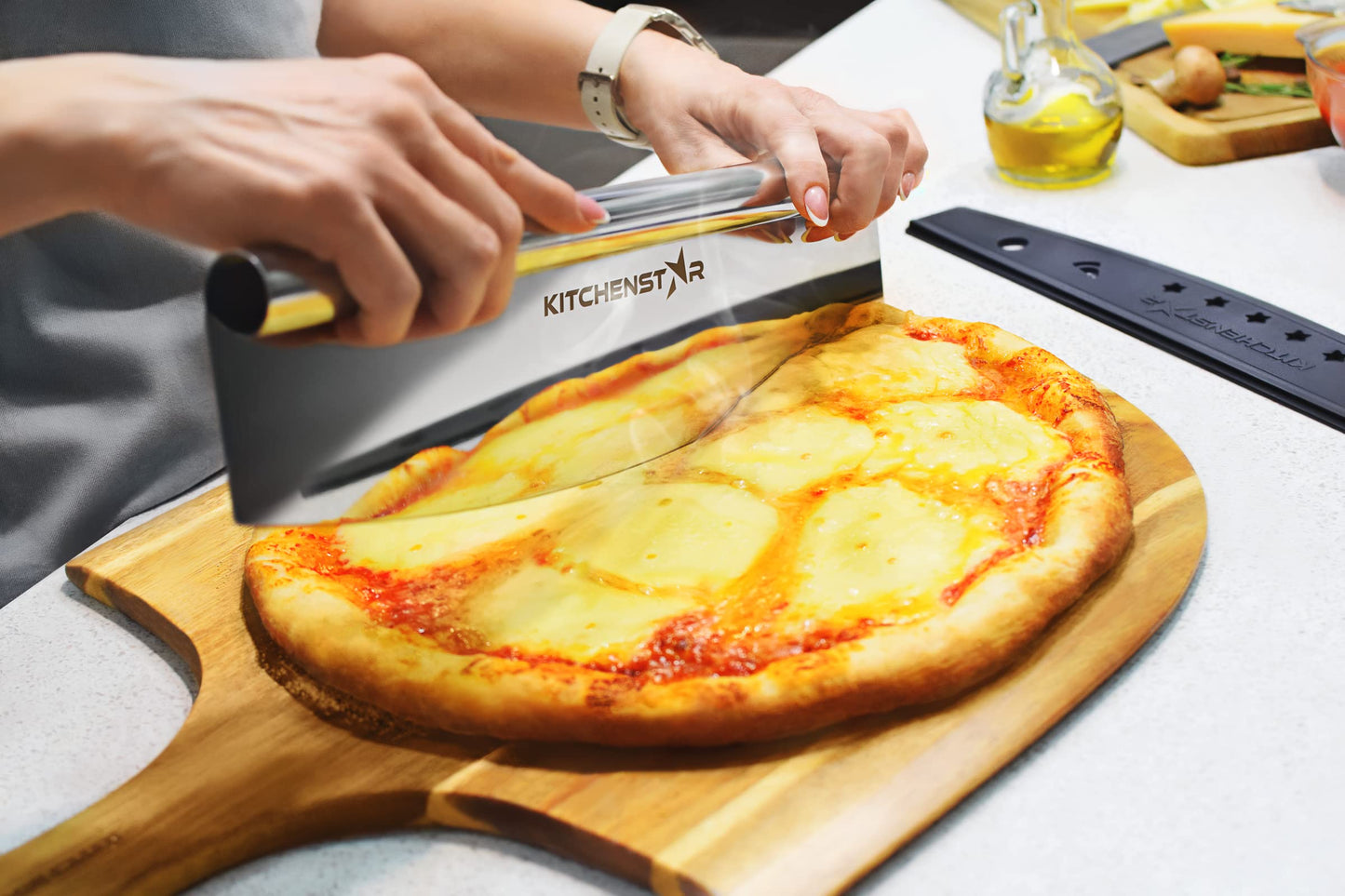 KitchenStar Pizza Cutter Rocker 18" + Acacia Wood Pizza Peel 16" + Pizza Stone for Oven and Grill 16" - Pizza Making Bundle