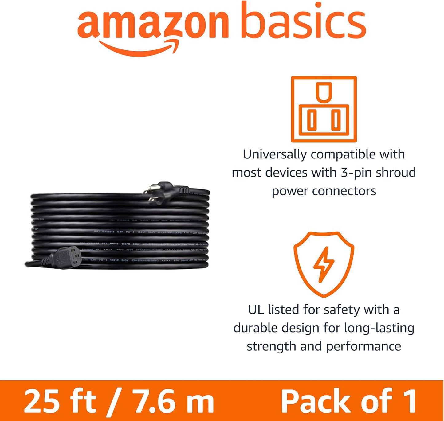 Amazon Basics 25 5-15P IEC320C13, 3 18 125 Universal PC Power Cable, Feet, NEMA to Prong Plug, AWG, Volts, UL Listed
