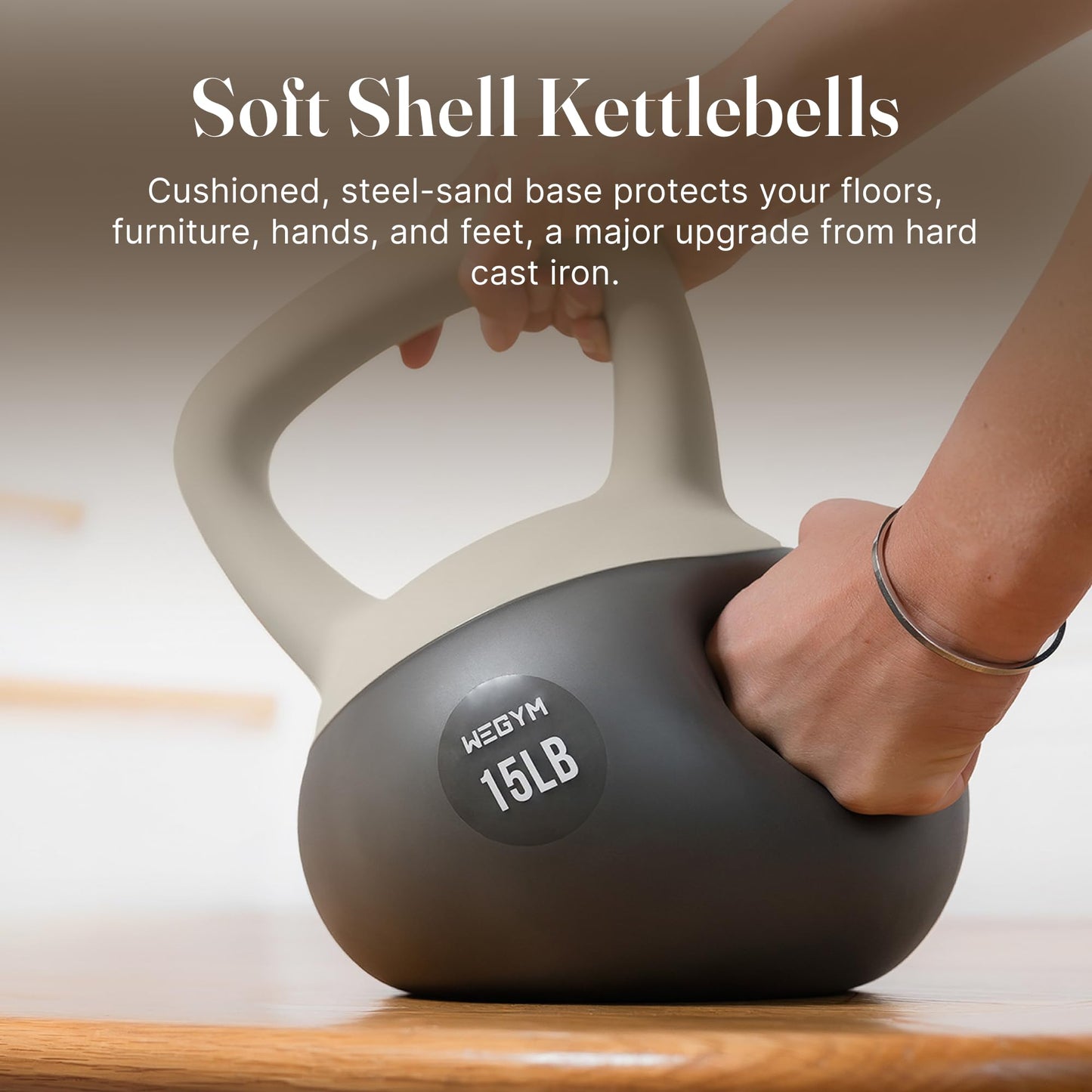 WeGym Soft Kettlebell Set with Cushioned Impact Resistant Base, Anti Slip Wide Grip Handle for Home Workouts, Weightlifting, Full Body Training (10+15+20LB Sandstone-3 PCS)