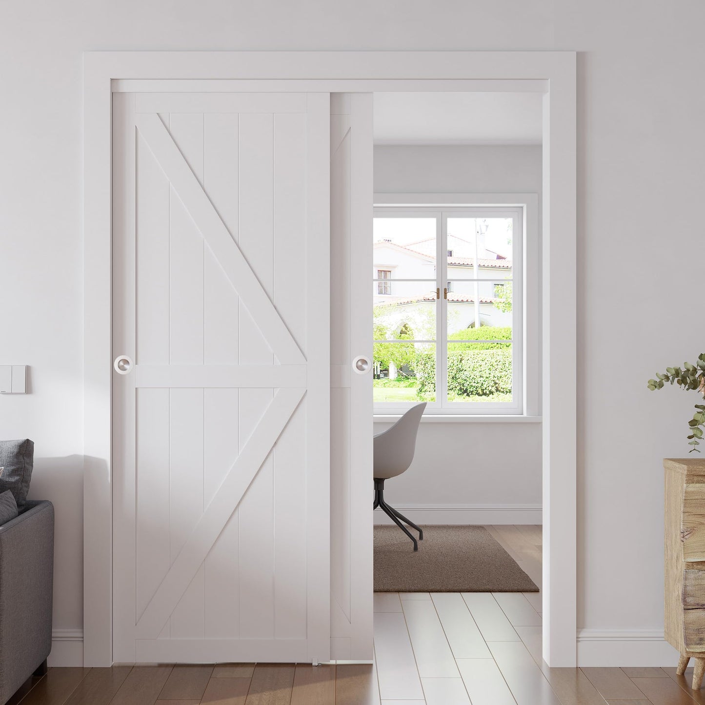 SMARTSTANDARD Closet Sliding Door, 48"×80"(Double Barn Doors 25"), Double K Shape Sliding Door with Hardware Kit, Pre-Drilled Door Panel, Need to Assemble, MDF with PVC Surface, White