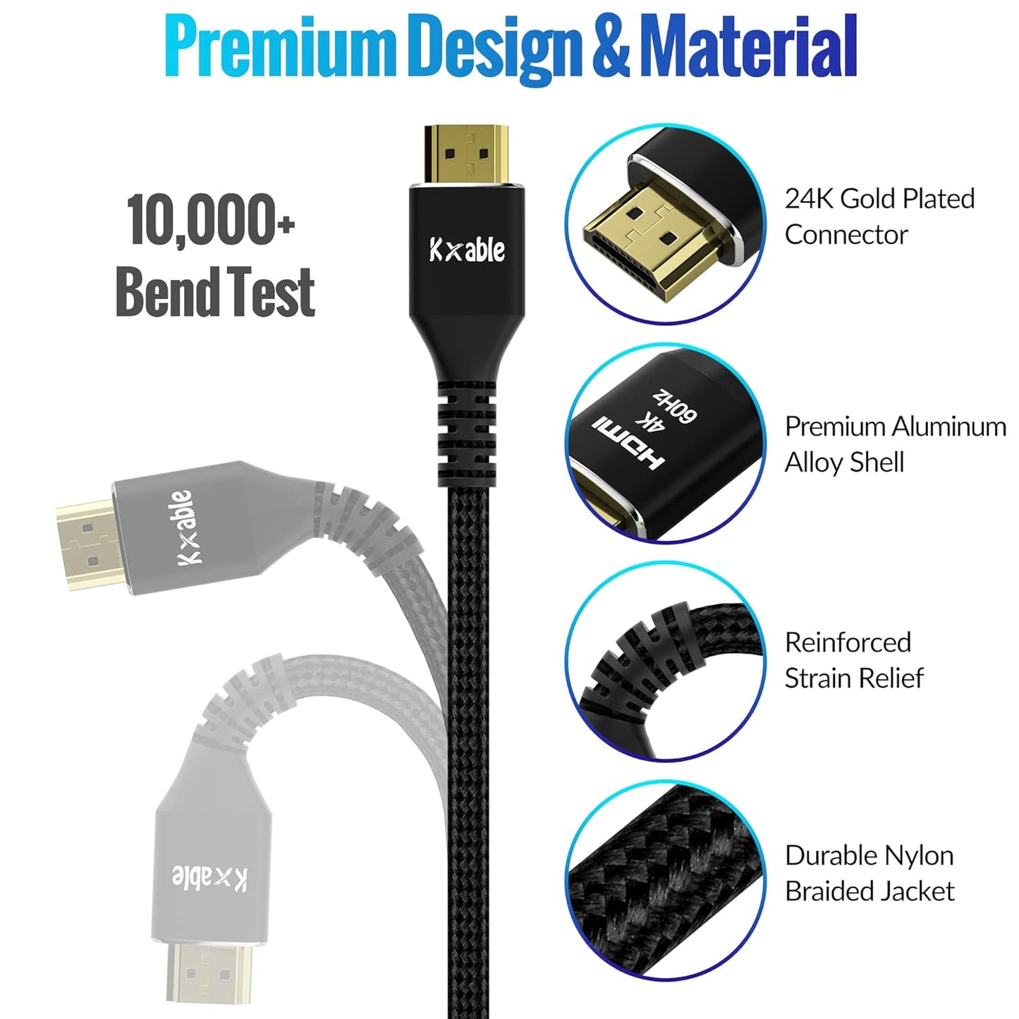 4K 6 (5 Pack), 2.0 4K 60Hz, 2K,1080P, 2.2, PS5, HDMI Cable Feet Ultra HD HDMI Cable, Nylon Braided & Gold-Plated