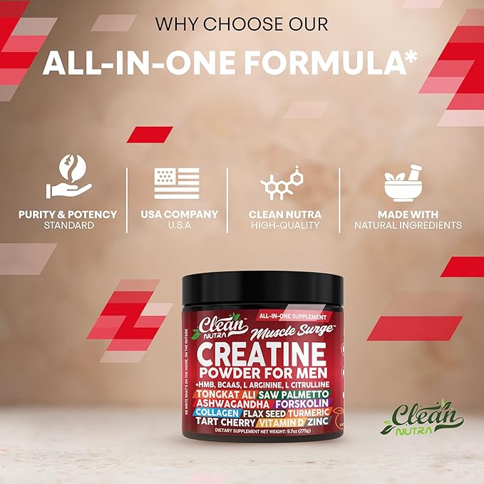 Clean Nutra Creatine Powder for Men + HMB BCAA L Arginine L Citrulline Tongkat Ali Saw Palmetto Ashwagandha Collagen Flax Seed Turmeric Preworkout Stevia Nitric Oxide L Glutamine Amino Acids