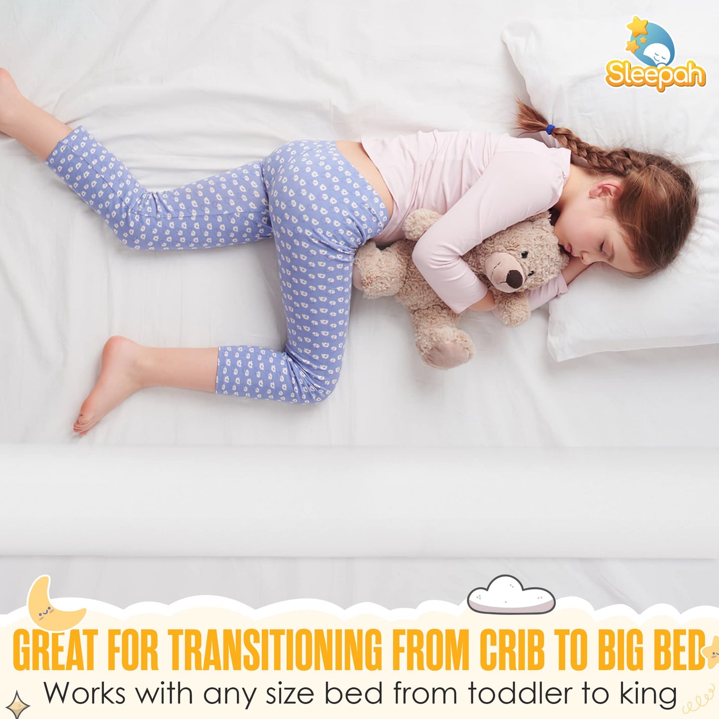 Sleepah Bed Rail for Toddlers (2 Pack) Memory Foam Bumper Guard w Dual Non-Slip Pads (Top & Bottom) Waterproof Washable Soft Removable Cover Safety Noodle for King Queen Full Twin Beds (2)