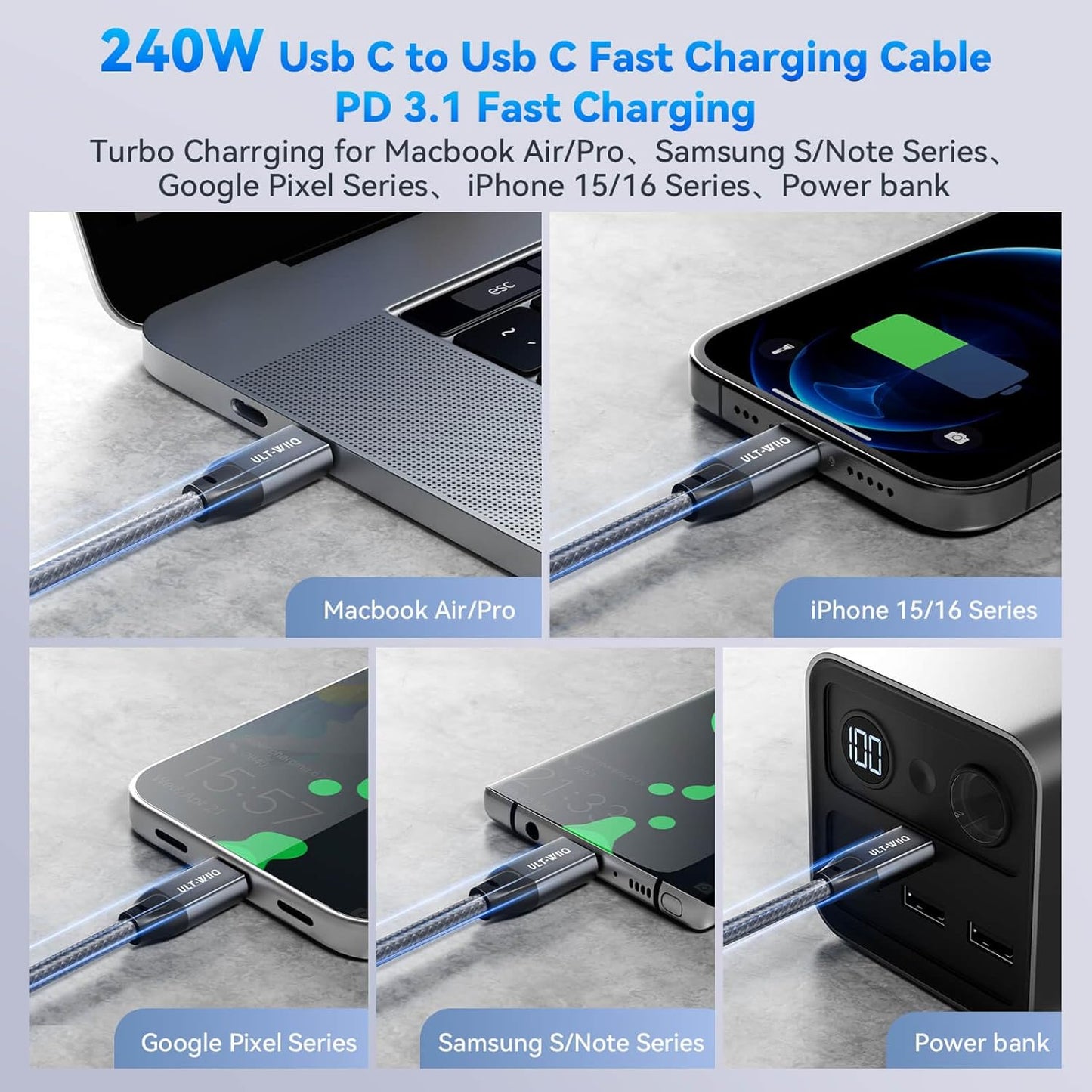 16FT 3.2 2 2 8K@30Hz/4K@144Hz 20Gbps 3.1 240W ULT-WIIQ Nylon Braided USB C to USB C Gen x Video Cable for Monitor