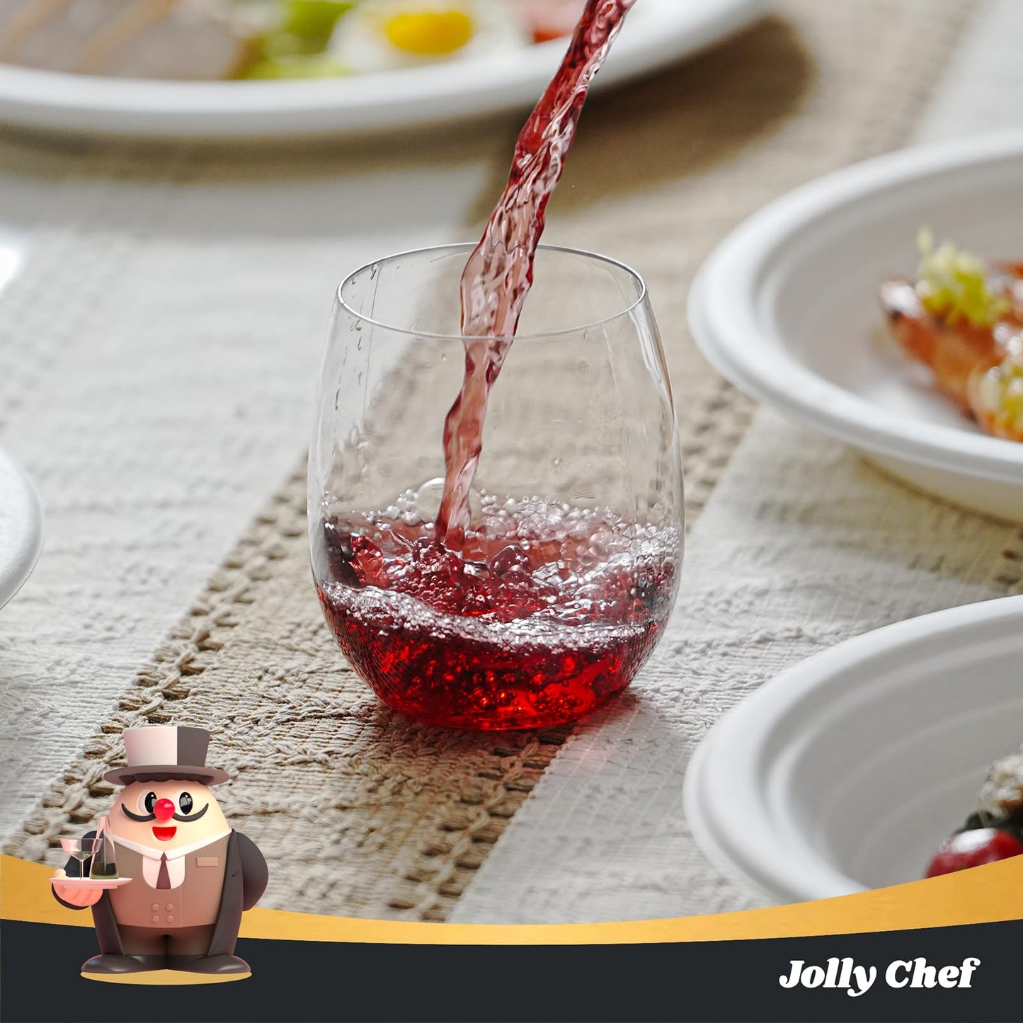JOLLY CHEF 24 Pack 12 Oz Disposable Plastic Wine Glasses, Shatterproof, Unbreakable, Crystal, Stemless Plastic Wine Cups for Party, Halloween, Thanksgiving, Christmas