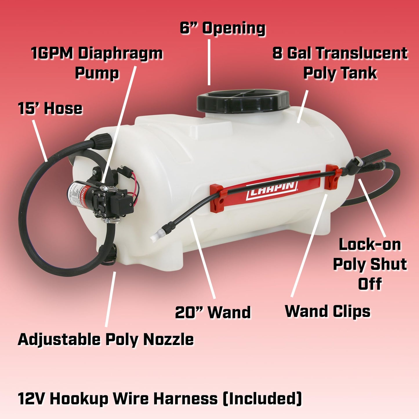 Chapin 97084 Tank Sprayer, 8‑Gallon, Multipurpose, ATV, UTV, Chemical‑Resistant Poly Tank, 12V Hookup, 1 GPM Diaphragm Pump, Adjustable Nozzle & 15‑Ft Hose for Fertilizer, Weed & Pest