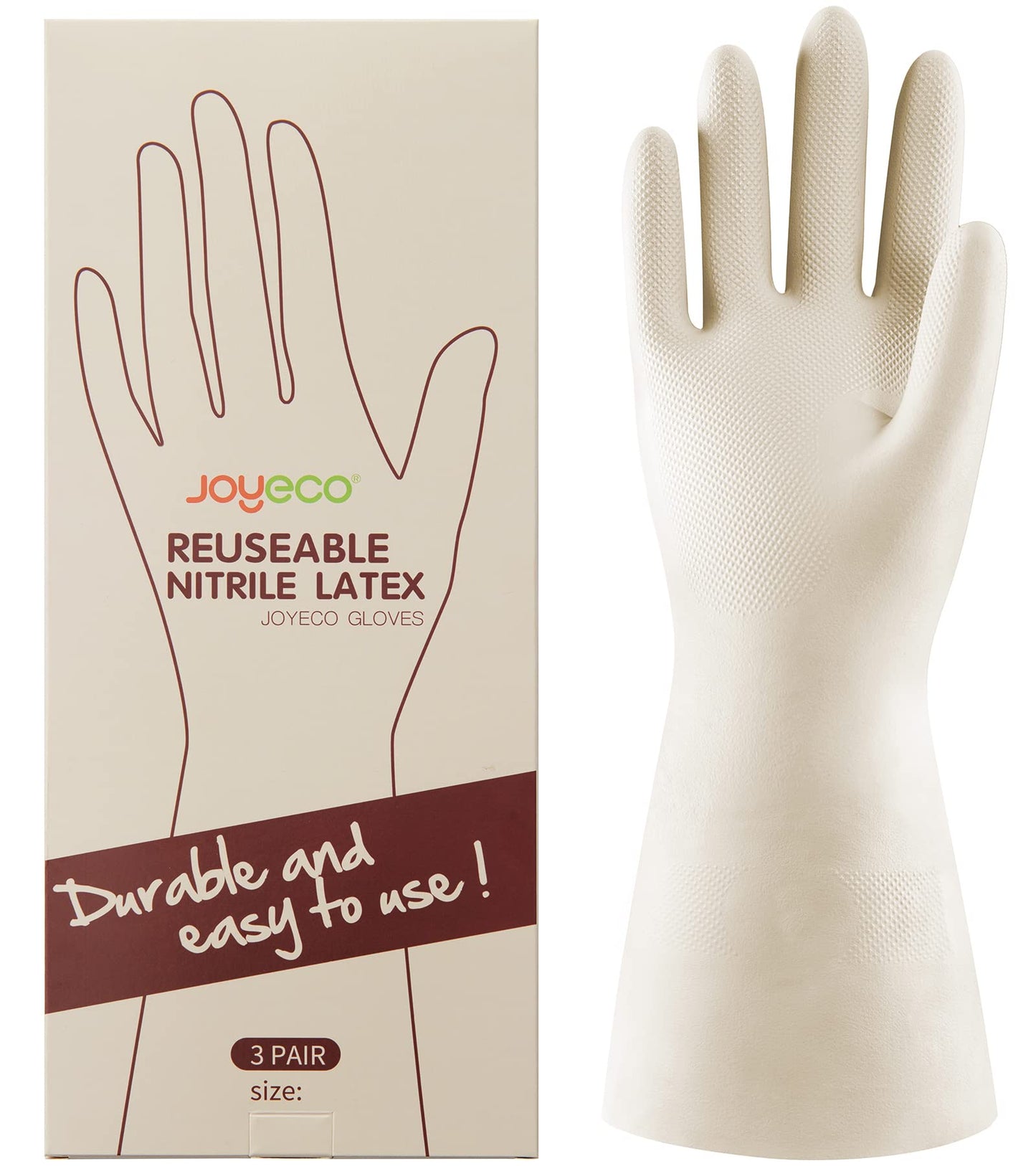 JOYECO Cleaning Gloves Dishwashing Kitchen Gloves Reusable Rubber 3 Pairs White, X-Large