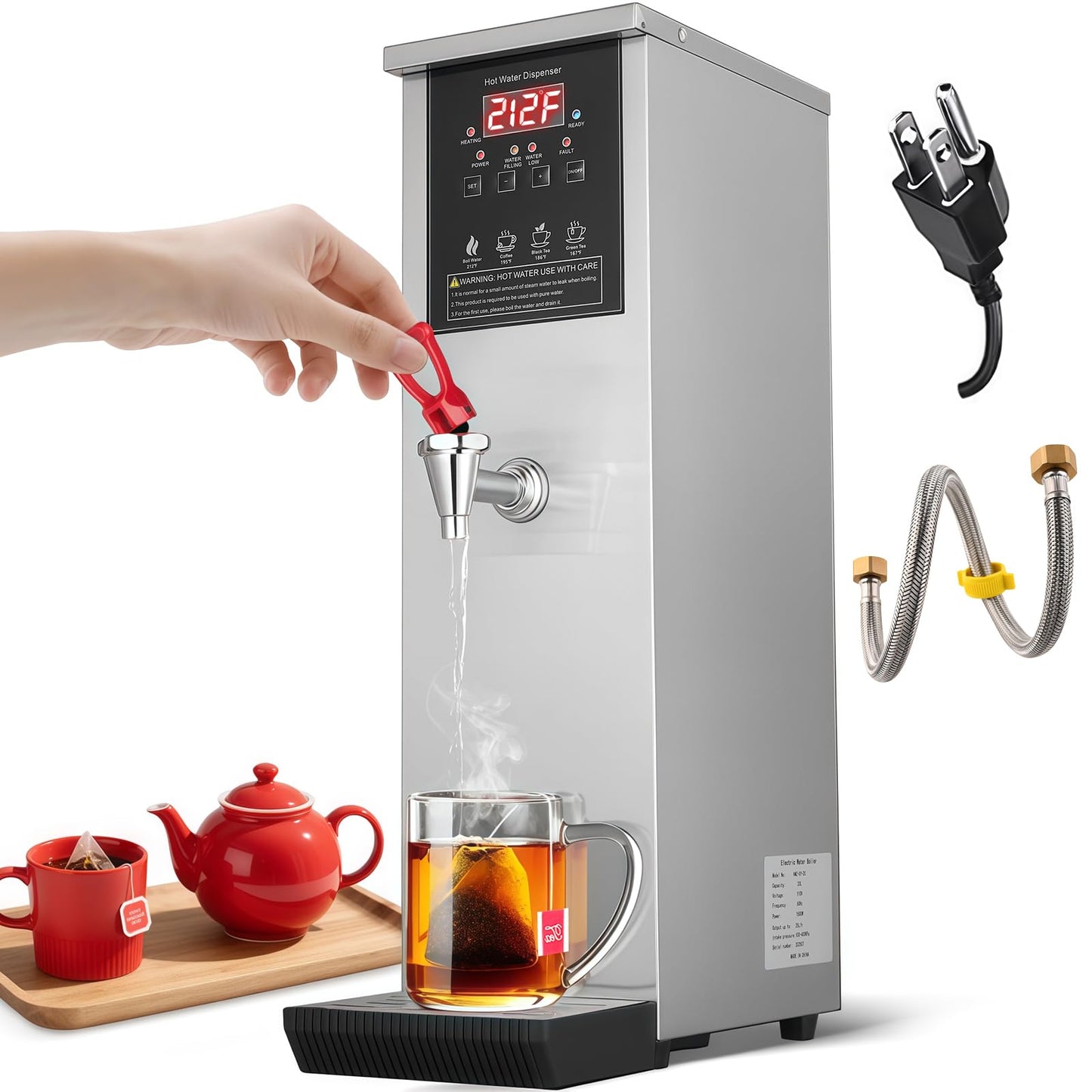 Commercial Hot Water Dispenser Water Boiler Countertop Auto-filling Stainless Steel Hot Water Machine Step-heating 104-212°F Adjustable for Cafe Tea Shop Office Restaurant Hotel 1500W 20L