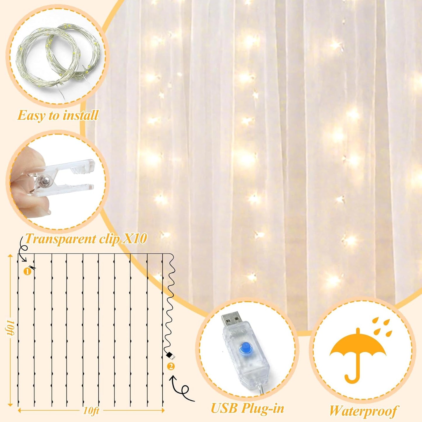 Ledido 1010ft 300LED Decoration(2 510ft)White White Tulle Backdrop Curtains with Lights String - Fairy Lights Sheer