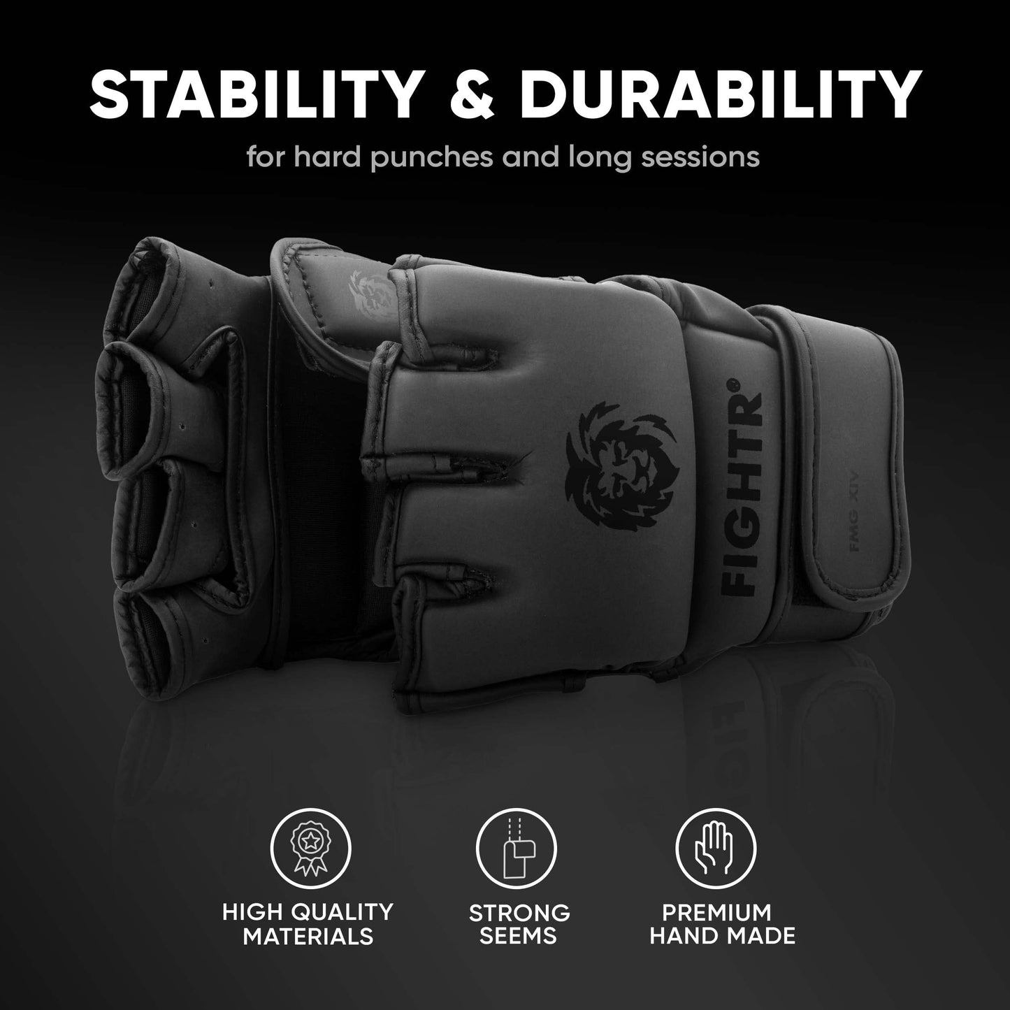 FIGHTR® Pro MMA Gloves for Grappling Sparring Training, Kickboxing Martial Arts Muay Thai Punching Bag Mitt Training Boxing for Men and Women | incl. Carrying Bag (All Black, L)