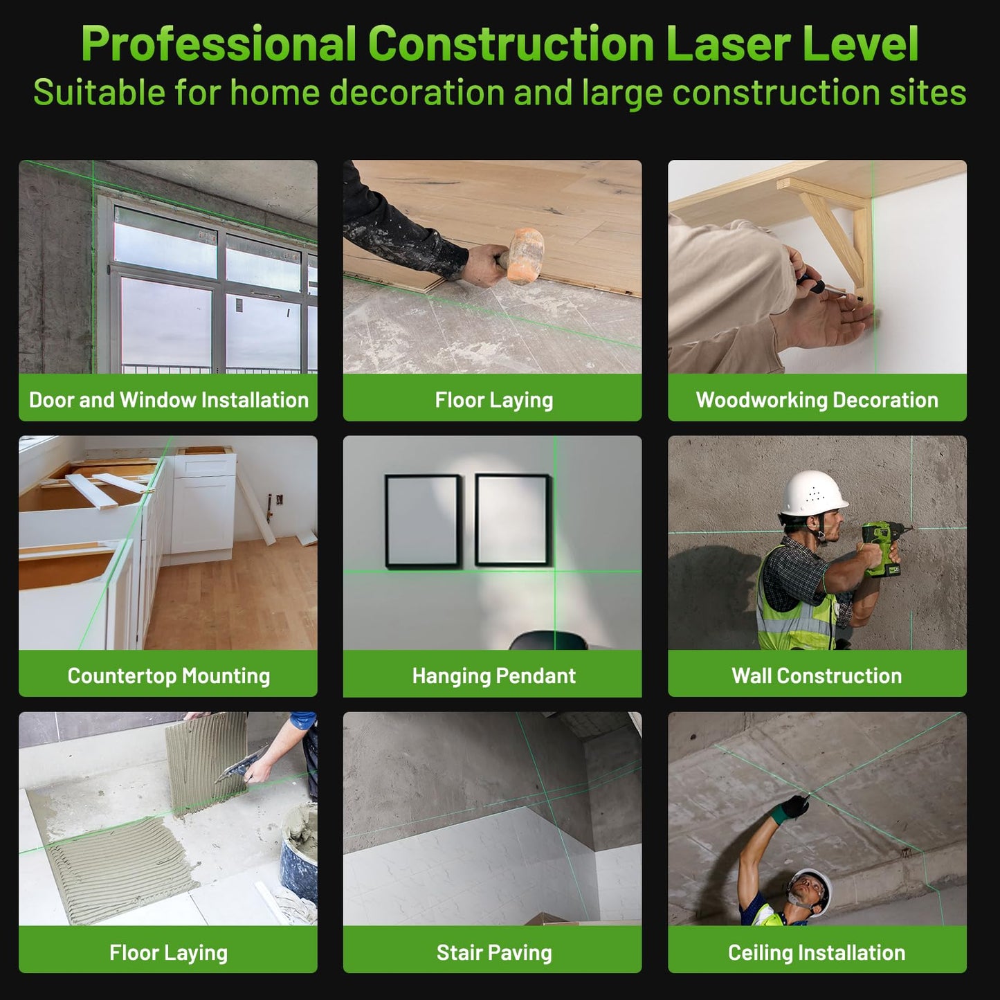 Huepar W04CG 4D Laser Level 360 Self Leveling with 2 Li-ion Batteries, Laser Class: Class II (IEC/EN60825-1/2014), 1mW power output