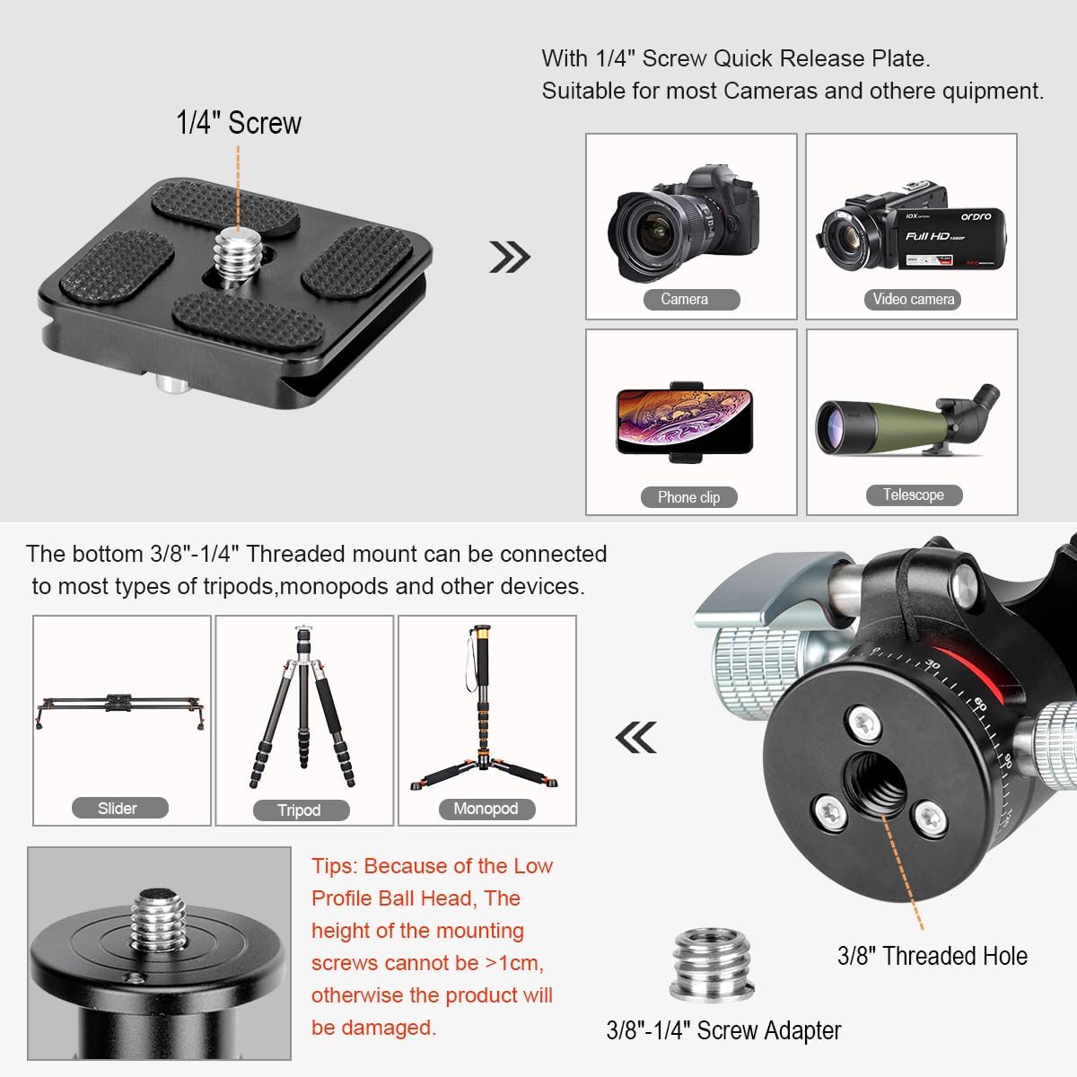 koolehaoda 360 1/4" 28mm 22lbs/10kg E1 Tripod Head Mini Ball Head Camera Panoramic Head with Screw Arca Type Quick
