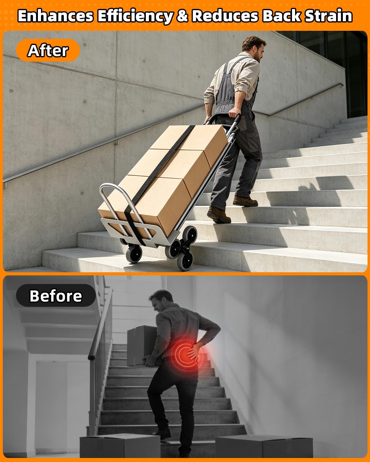 Aluminum 2 in 1 Hand Truck Dolly Cart with 6 Wheels, 600 Lbs Capacity, Heavy Duty Stair Climbing Dolly with Dual Handles, Bungee Cord & Strap for Flat Ground & Stairs, Warehouse, Home, Office, Silver