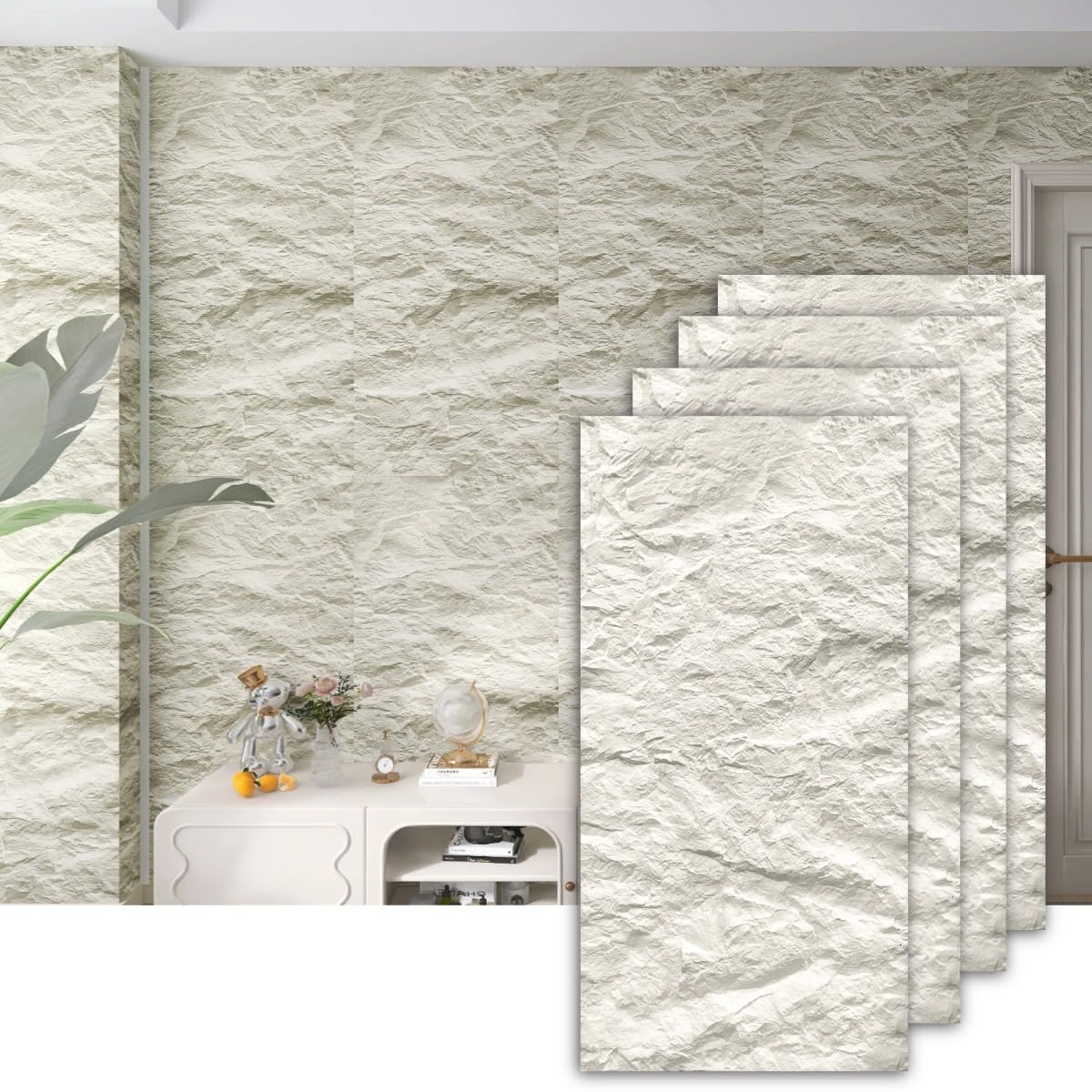 ARTSLAT 4-Pack 3D PU Stone Wall Panels for Interior Decor - Marble White, 43.30"x23.62"x0.47" | Faux Stone Accent Wall Tiles, Lightweight & Waterproof