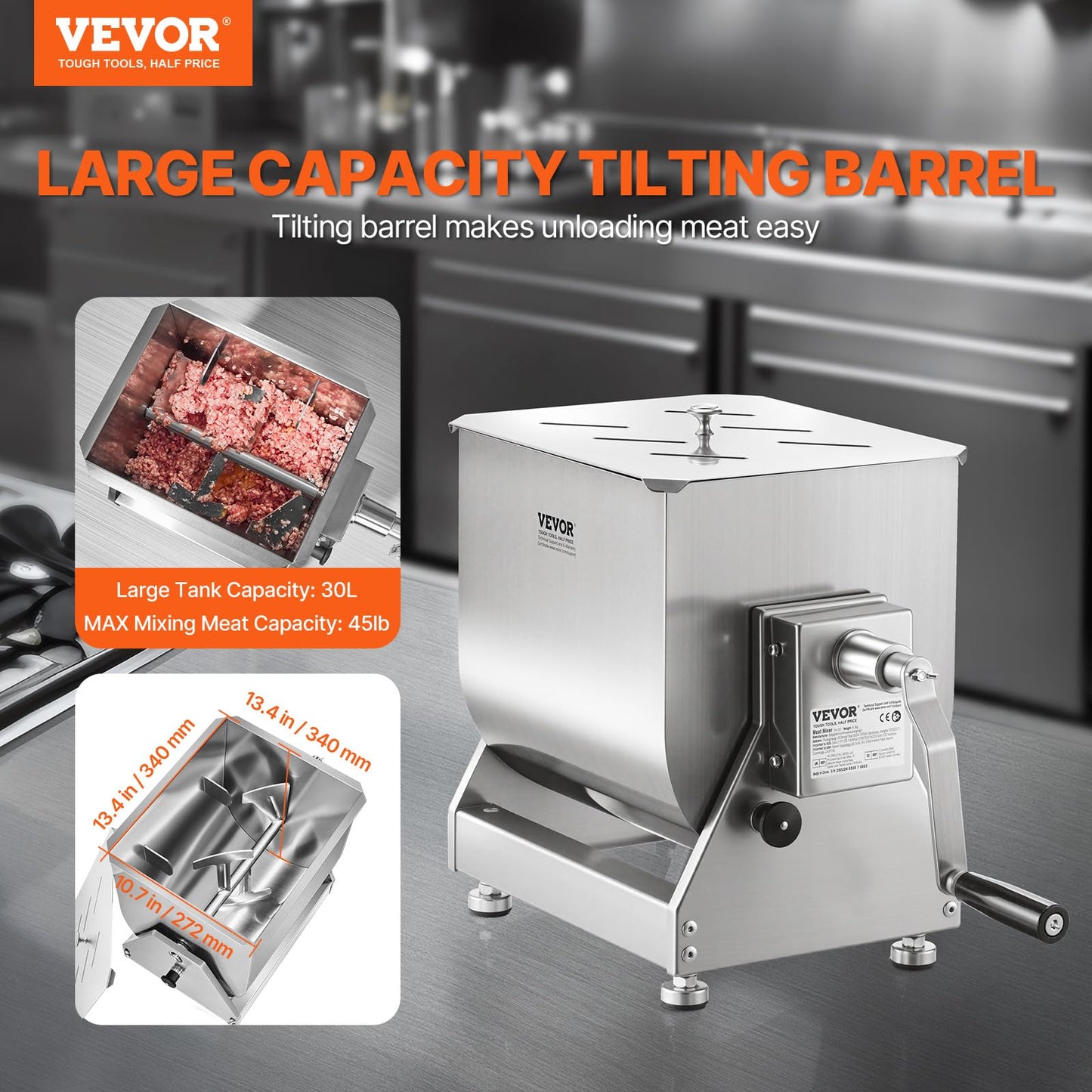 VEVOR Manual Meat Mixer, Tilt Tank Meat Mixer, 60 lbs Max. Meat Mixing Capacity, Stainless Steel Meat Processing Equipment, Sausage Mixer Machine with Lid and Handle, Ground Beef Hand Mixer, Silver