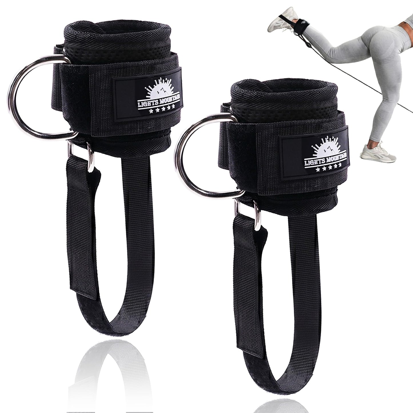Sliding D-ring Ankle Straps for Cable Machine, Stirrup Style Leg Cuffs with Under-Foot Strap, Long-lasting Non-slip Glute Kickback Attachments for Women Men