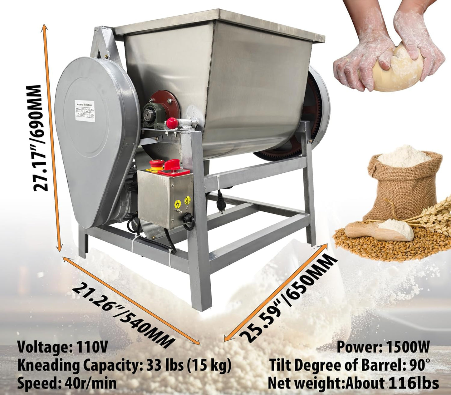 IntXanth Commercial Dough Mixer Electric Food Mixer with Lid, Dough Blender Machine 15KG/30QT Capacity, 110V/1500W Commercial Dough Kneading Machine with 90° Tilt Bucket