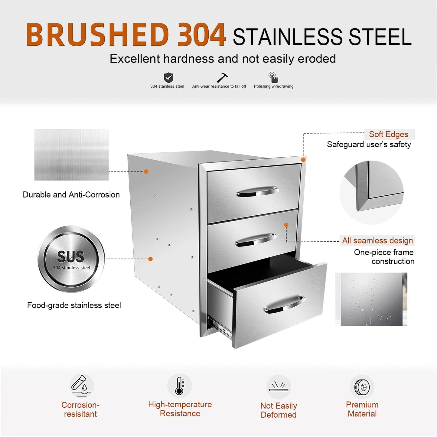KODOM Outdoor Kitchen Drawers 18W x 24H x 23D Inch, Flush Mount Access BBQ Drawers, BBQ Island Drawers for Outdoor Kitchens or BBQ Island Patio Grill Station