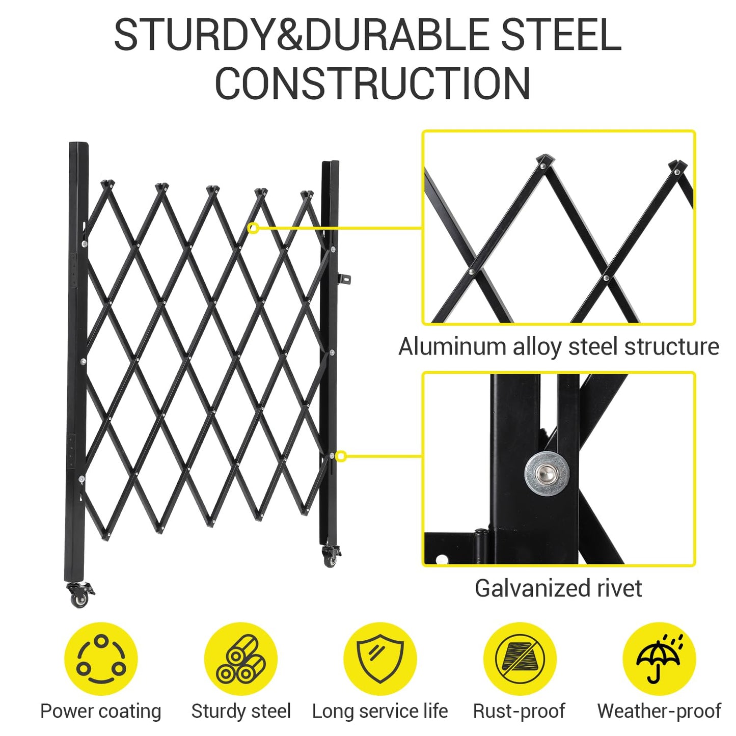 GarveeTech Single Folding Security Gate, 52" H x 42" W Lockable Scissor Gate with 360° Swivel Casters, Heavy-Duty Steel Outdoor Barricade Retractable Gates for Courtyards, Garages, Gardens, Pool