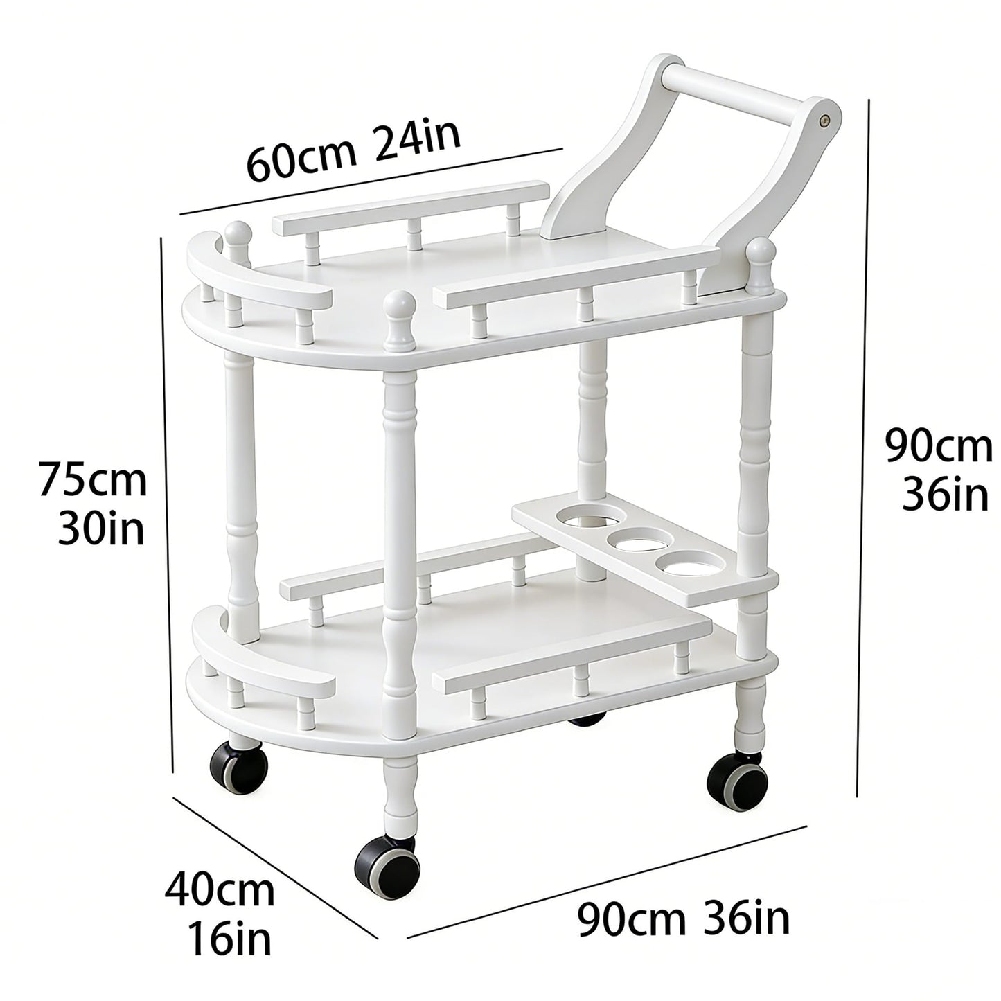 Wiz Conal Entertainment Kitchen Cart, Midcentury Modern Imported rubberwood White Finished Wood 2-Tier Mobile Bar Cart Serving Cart