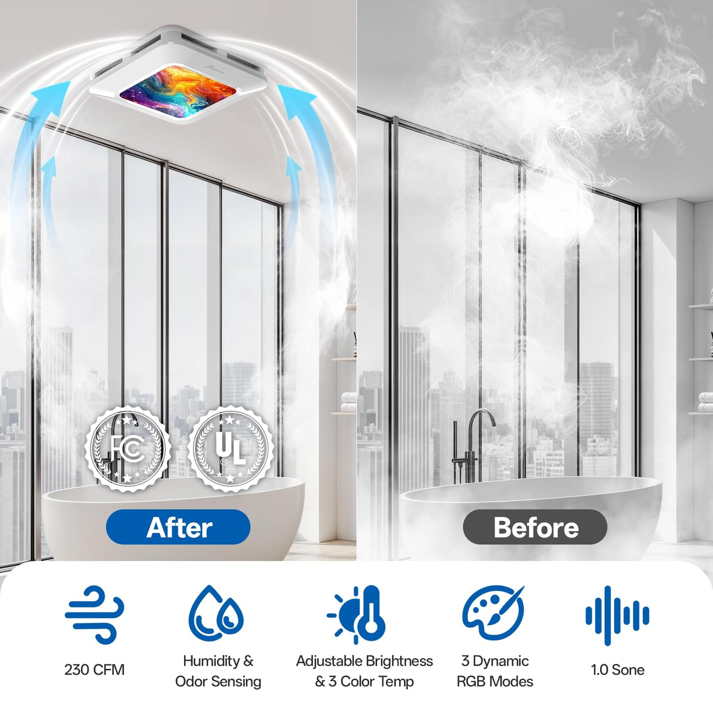 ROJOSAN Bathroom Exhaust Fan with Humidity Sensor, 230 CFM 1.0 Sone Ventilation Fan, 3 Dynamic Light and 3CCT Light (2700-4500-6500K), 11.22” x 11.22” Mount, Remote Control (Aurora Iridescence)