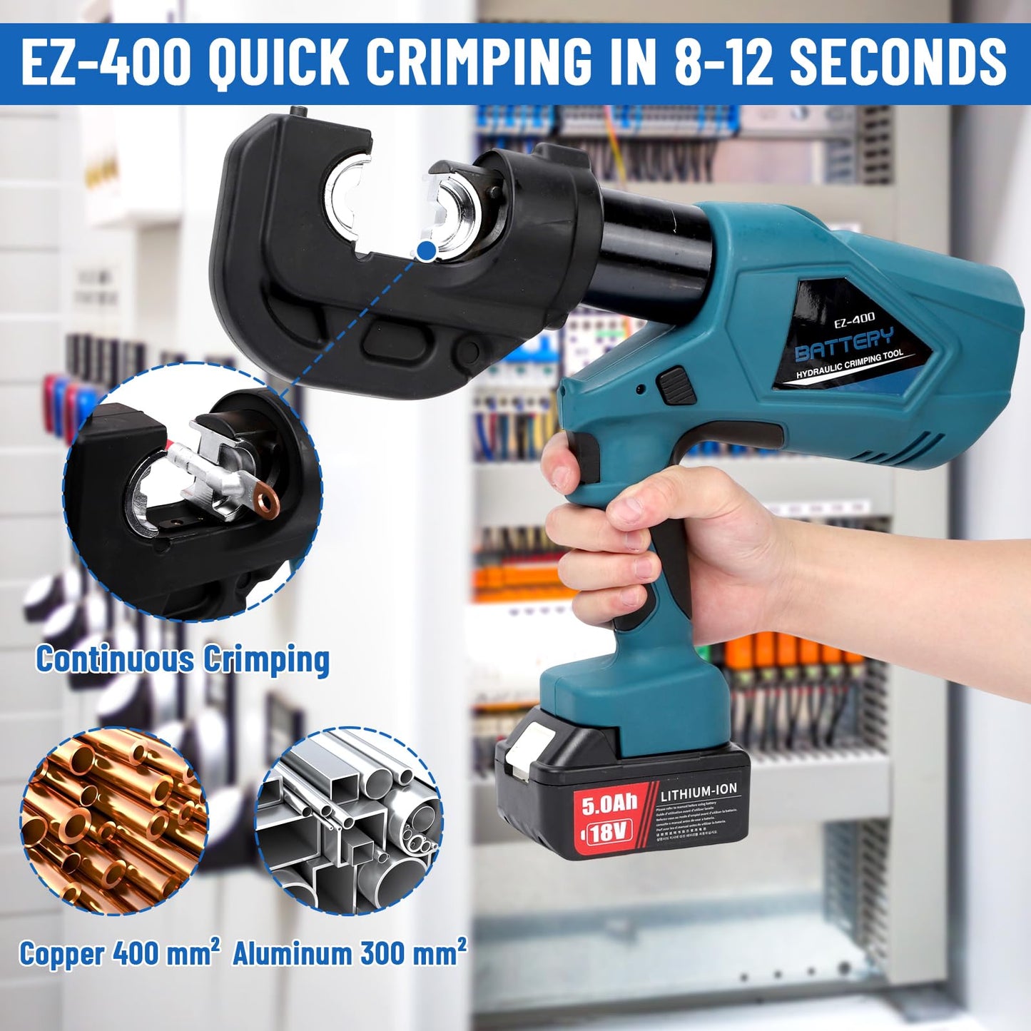 Hydraulic Crimping Tool 12-Ton Cordless Electric Hydraulic Crimper Kit with 12 Dies for 6AWG to 800MCM Copper and Aluminum Wire Terminals