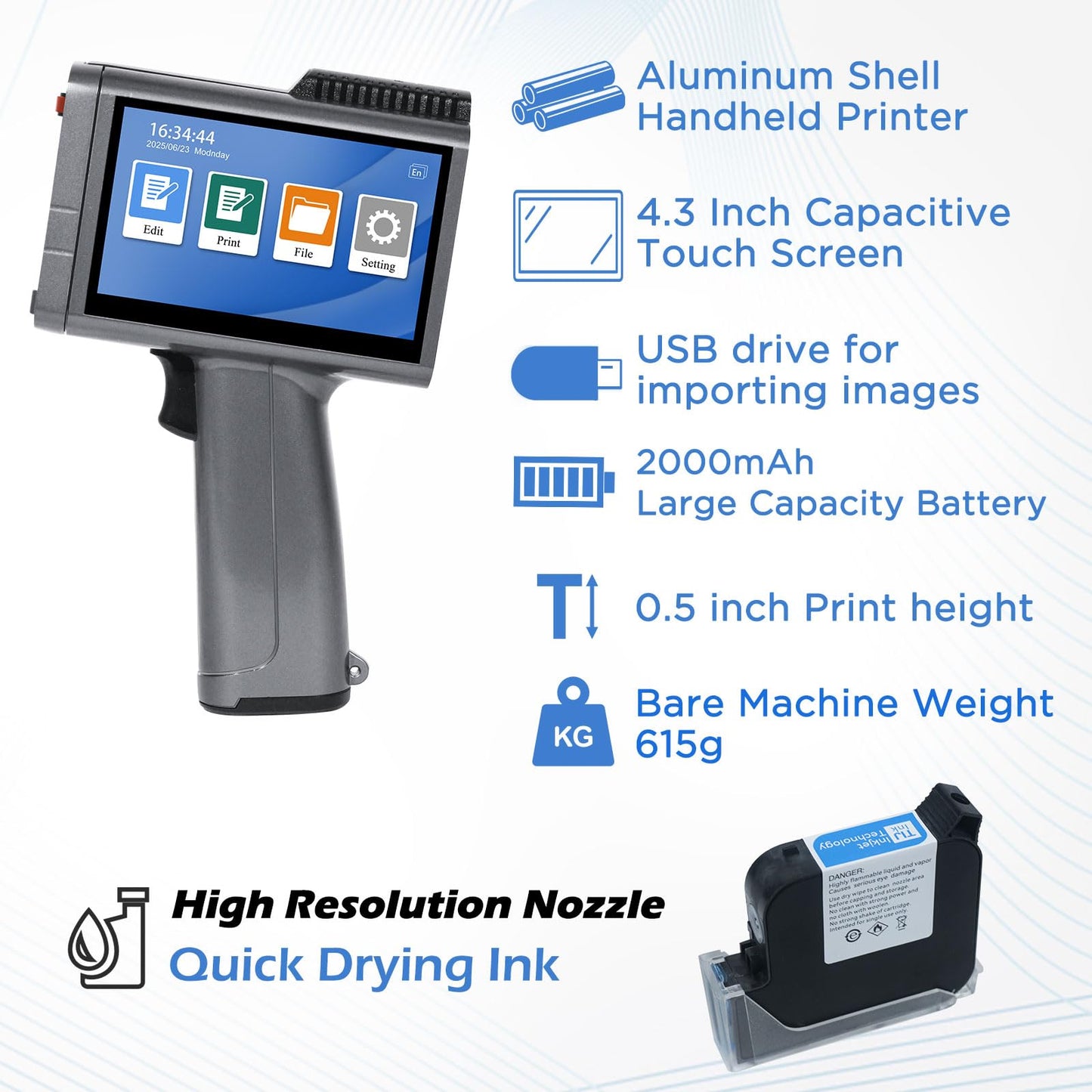 ZHONGMIN Handheld Inkjet Printer with 42ml Quick-Drying Ink Cartridge for Text/Date/Barcode/Logo, Metal Body, 4.3" Touch Screen, Print Height 0.08"-0.5", Portable Industrial Coding Machine ZM-C120L