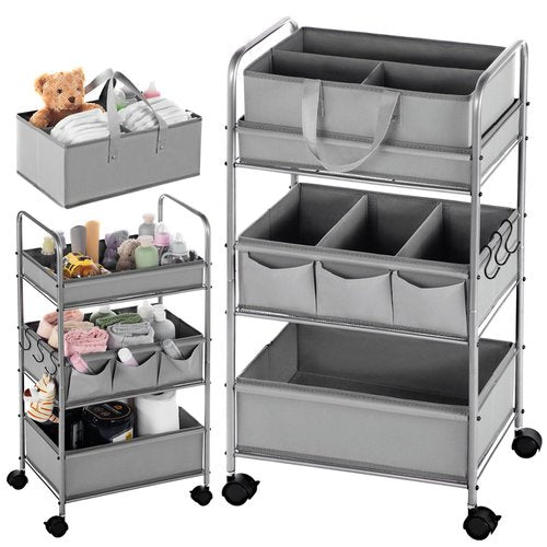 Honeydak 2in1 Baby Diaper Caddy Organizer Cart 3 Tier Large Capacity Metal Utility Bedside Rolling Cart with Divider Newborn Registry Nursery Essential Must Have Crib Bedroom Baby Shower(Gray)