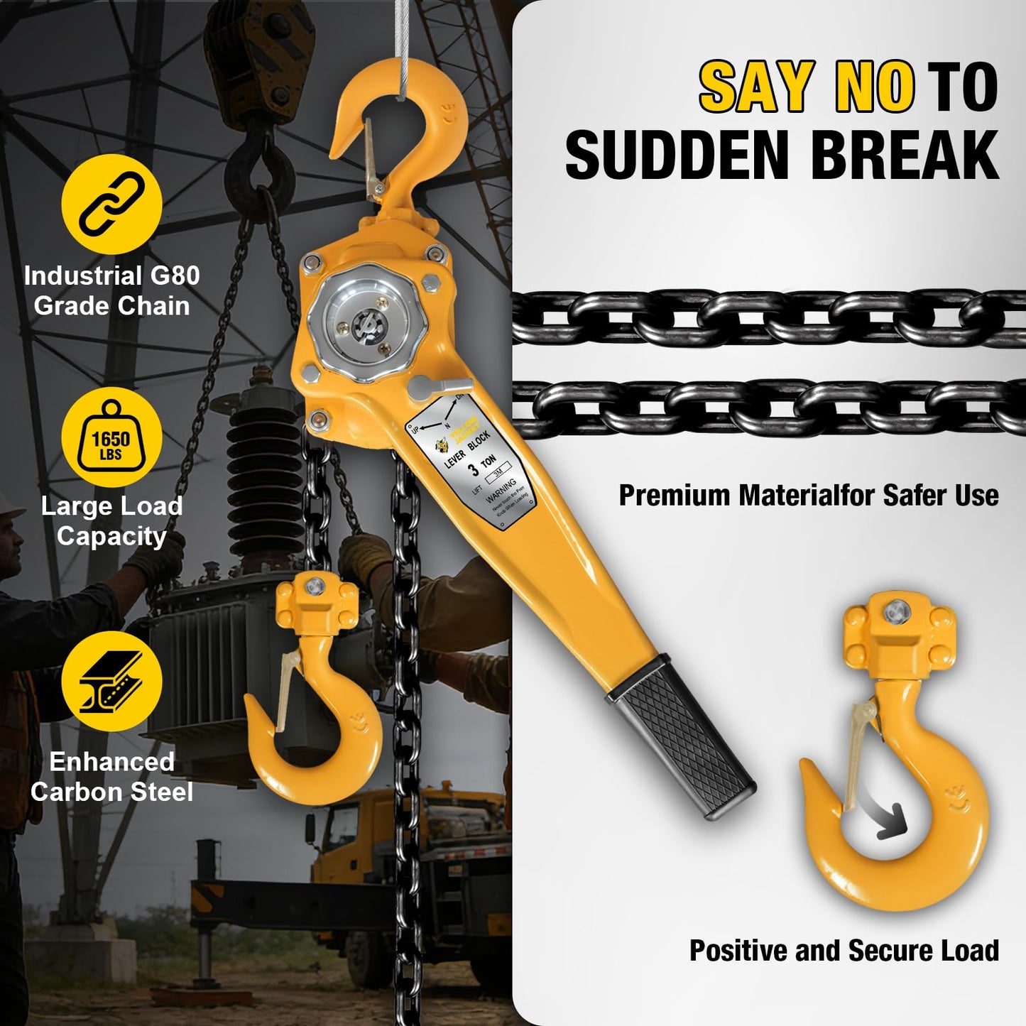 YELLOW JACKET 3 Ton Manual Lever Chain Hoist, 10 FT Come Along, G80 Galvanized Carbon Steel with Weston Double-Pawl Brake, Chain Come Along and Safety Measures for Chain Fall