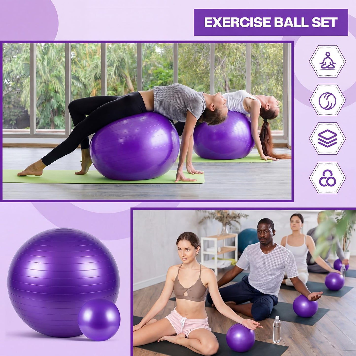 Sotiff Exercise Ball Set, Yoga Ball and Pilates Set for Workout Pregnancy Stability 23-26 Inch and 9 Inch Anti-Burst with Foot Pump for Office, Home and Gym (Purple)