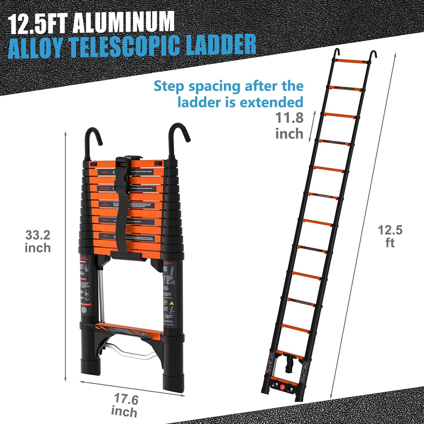 AOPENG 12.5FT Telescoping Ladder,Quick Folding Aluminum Extension Ladder for RV/Home/Outdoor, 330lbs Max Load Orange