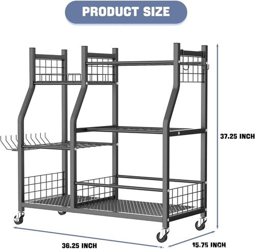 Garden Tool Organizer Rack by Extra Large | Heavy-Duty Storage Stand with Wheels for 60+ Tools - Black
