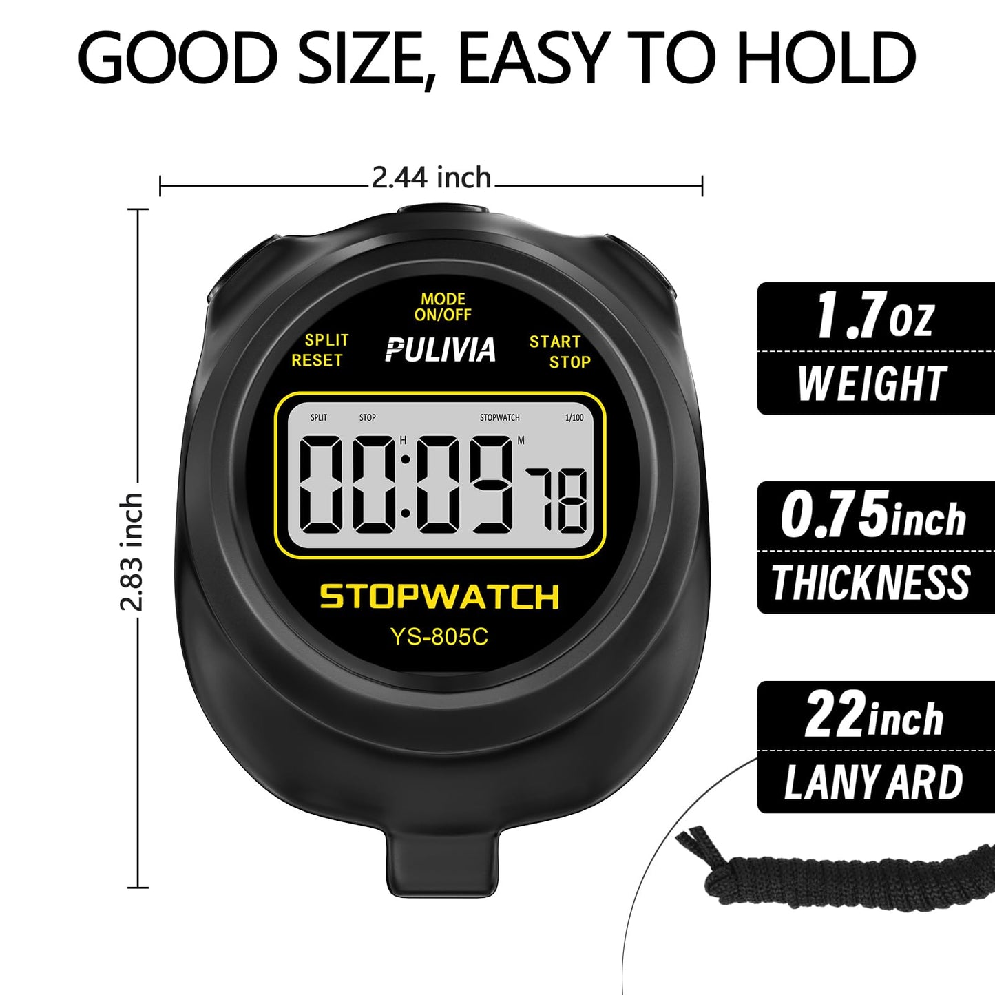 PULIVIA Stopwatch Timer with Countdown, Simple Operation Digital Stop Watch for Sports, Countdown-Alarm Button-Sound, AAA Battery Included (Black)