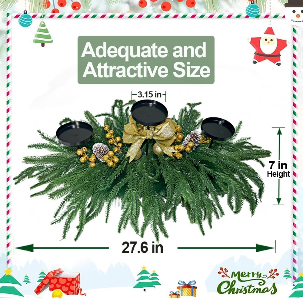 Skiennix Christmas Centerpiece - Elegant Candle Holders with Golden Glitter Bow & Pine Cones | 27.6" Table Decoration