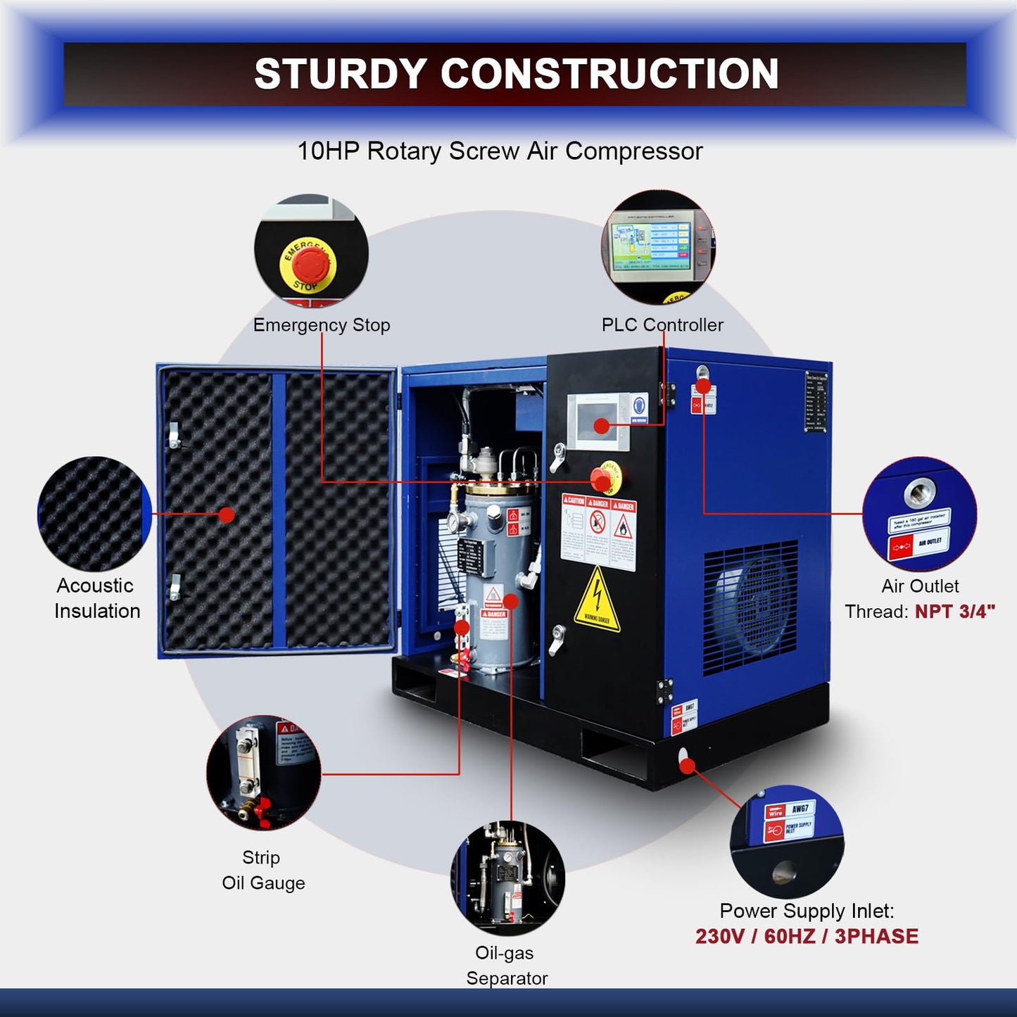 10HP Rotary Screw Air Compressor, 34CFM, 125PSI, 230V 3PHASE 60HZ, Fixed Speed Compressor, Industrial-Grade, Heavy Duty Air Compressed System