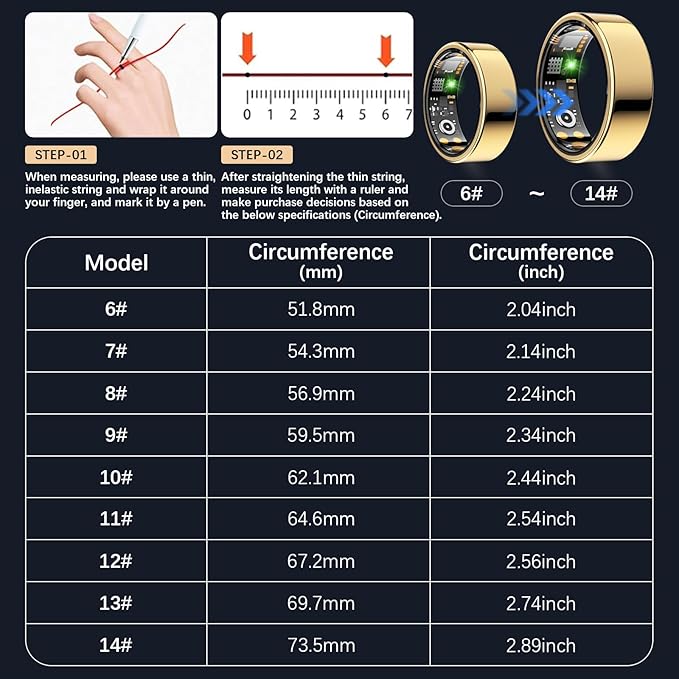 Ring Health Tracker for Women Men, Fit Ring with Heart Rate, Blood Oxygen, Sleep Monitor, Calories, Step Counter, IP68 Waterproof Smart Ring for iPhone & Android, No Subscription Fee (Gold, 10#)